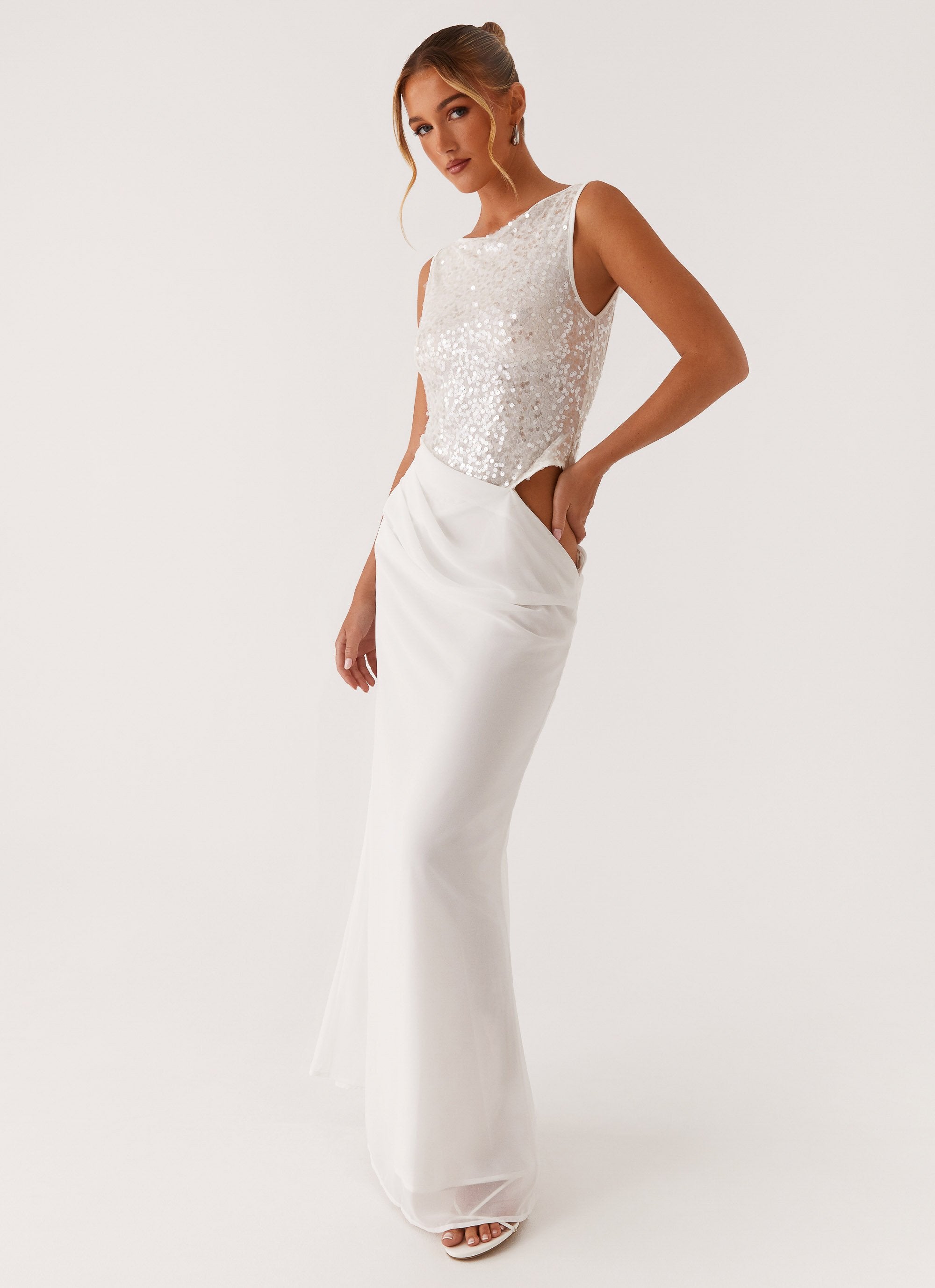 Above Ground Sequin Maxi Dress - White-Sunny Prom. All rights reserved.