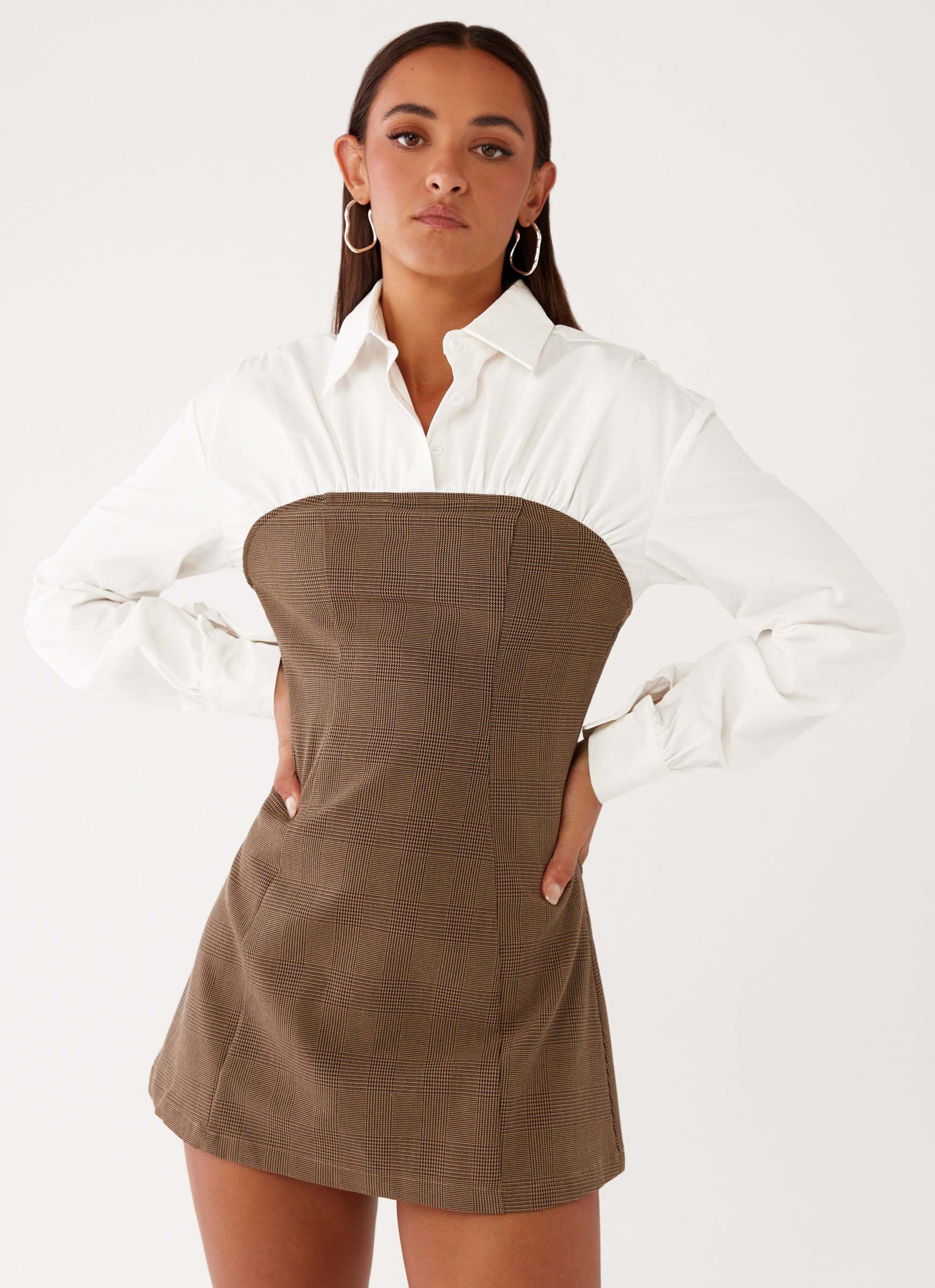 Adelaide Shirt Mini Dress - Brown-Sunny Prom. All rights reserved.