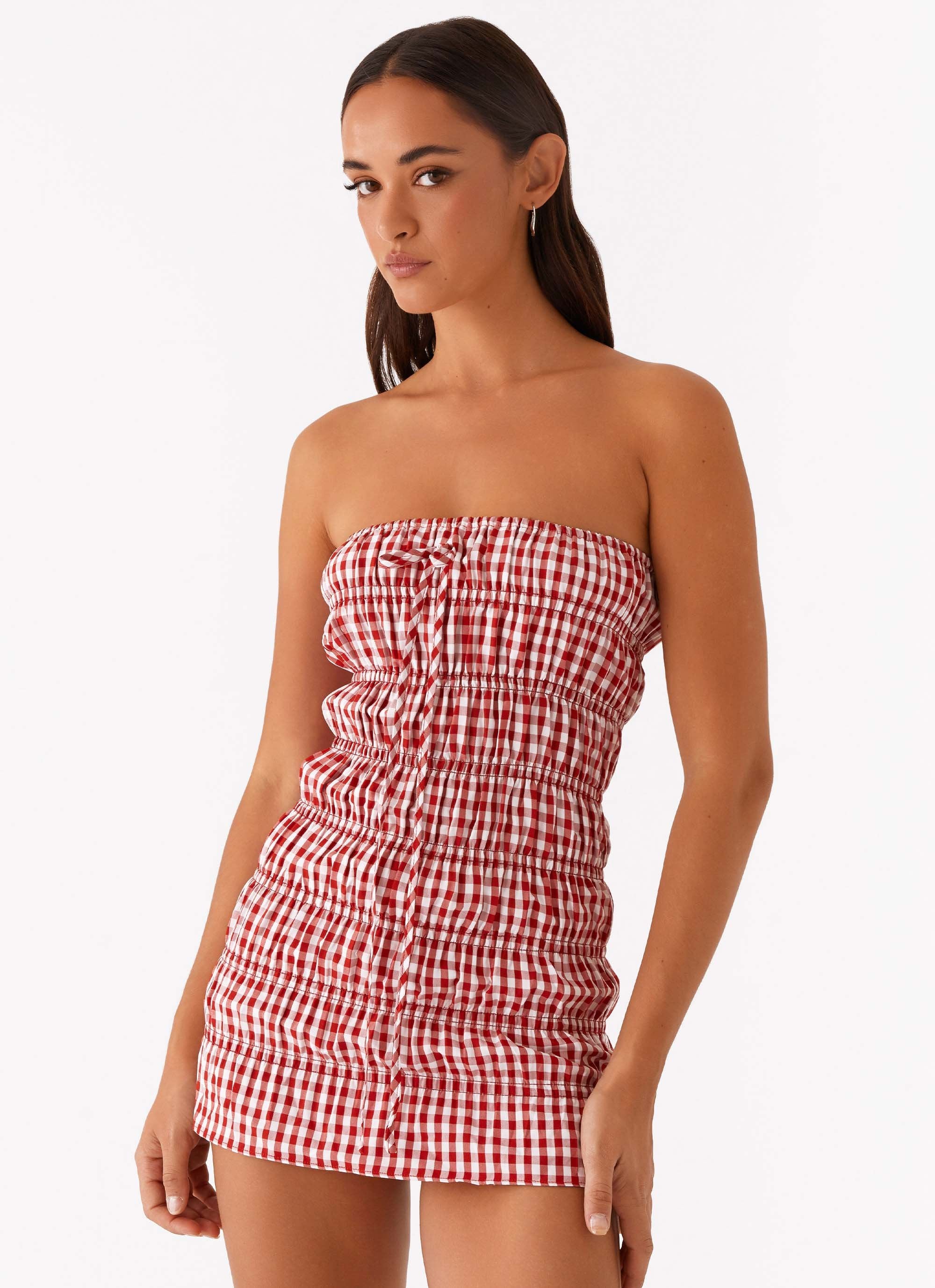 Adele Mini Dress - Red Gingham-Sunny Prom. All rights reserved.