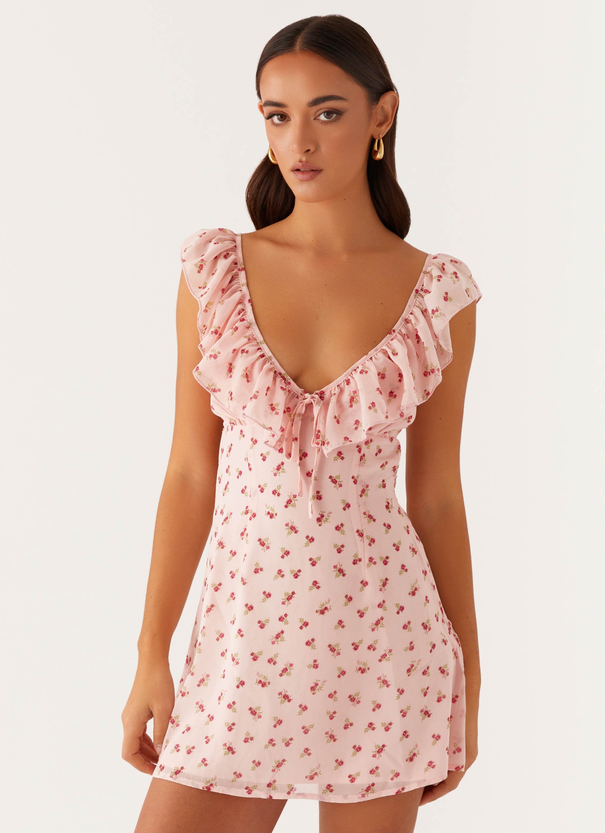 Adrina Ruffle Mini Dress - Pink Flower-Sunny Prom. All rights reserved.