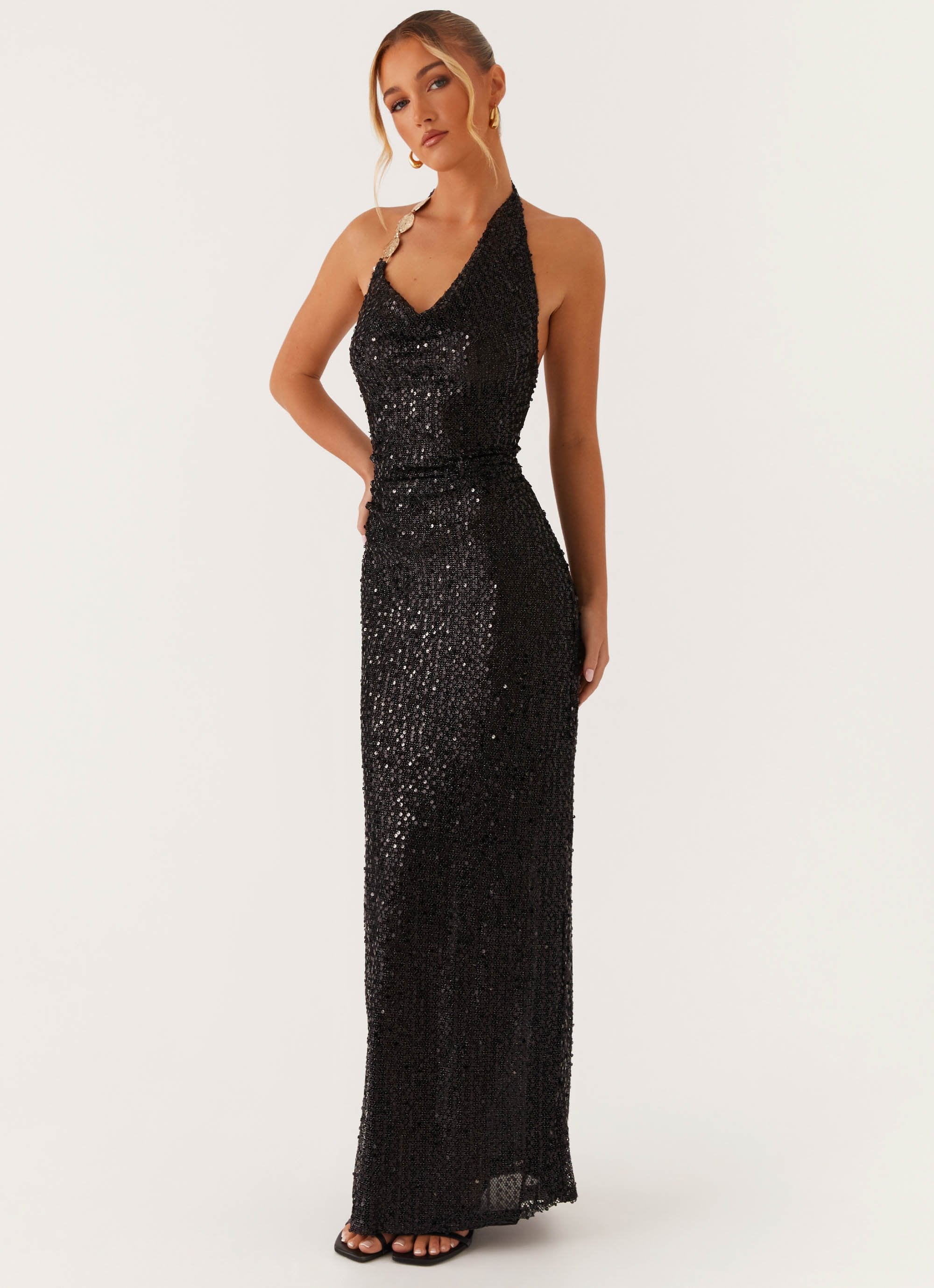 After Tonight Sequin Cowl Neck Maxi Dress - Black-Sunny Prom. All rights reserved.