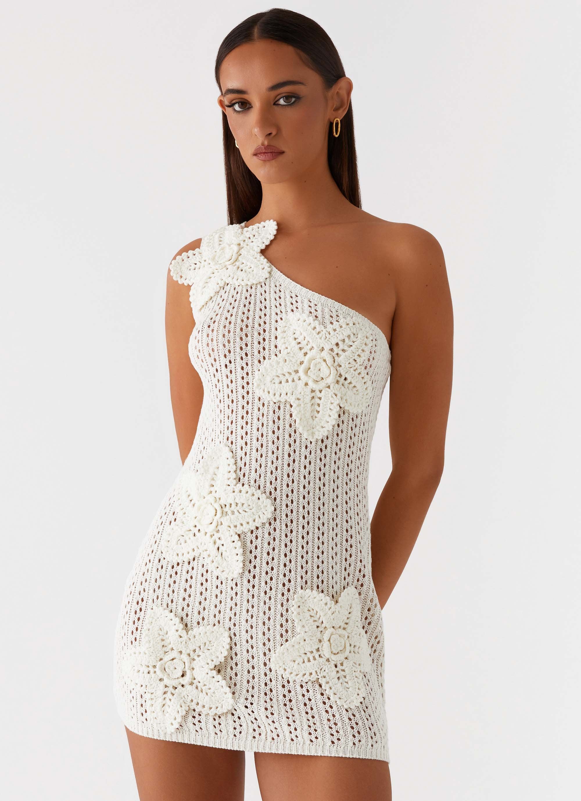 Afterglow One Shoulder Crochet Mini Dress - Ivory-Sunny Prom. All rights reserved.