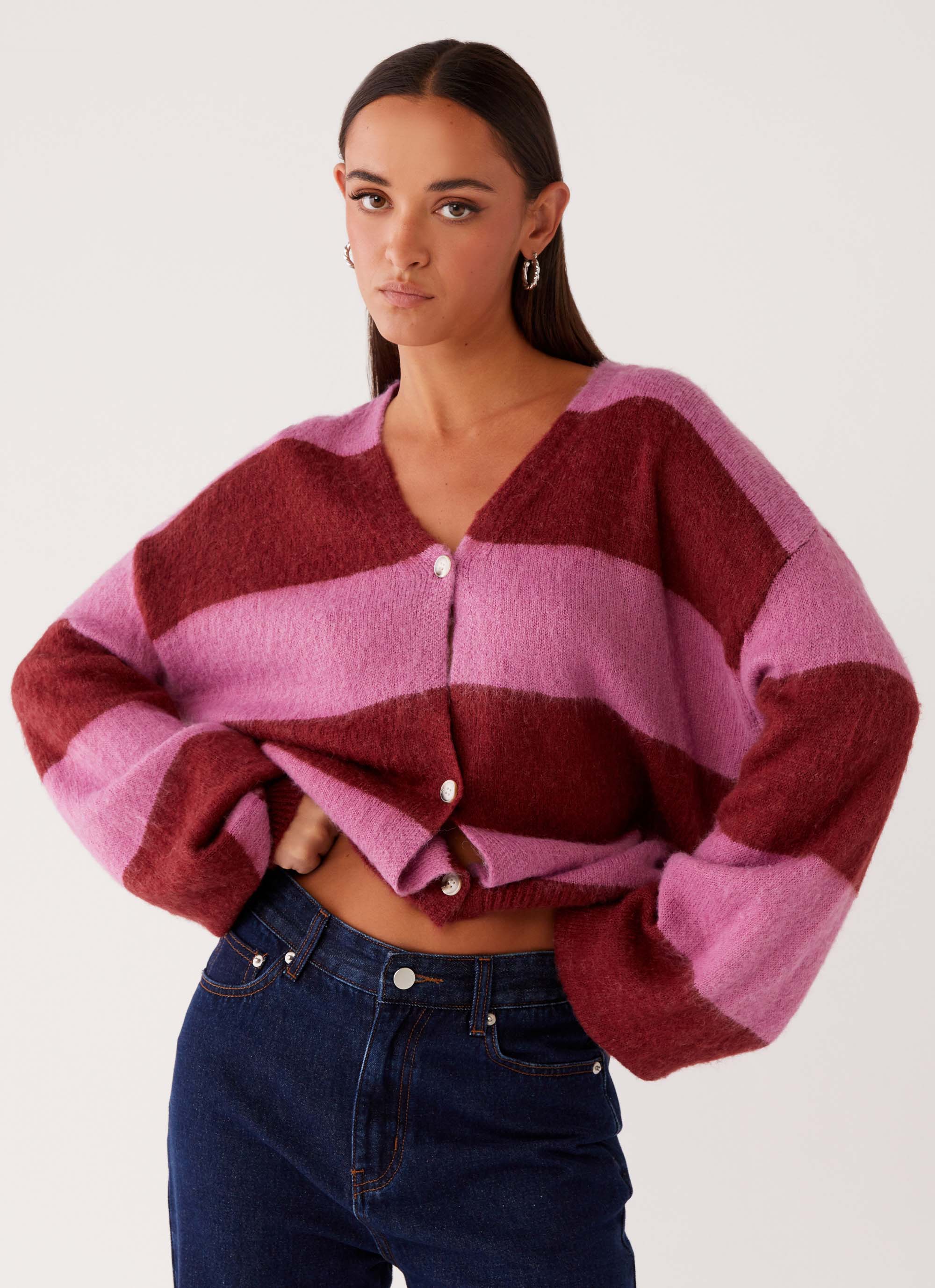 Ainslee Oversized Knit Cardigan - Red Pink Stripe-Sunny Prom. All rights reserved.