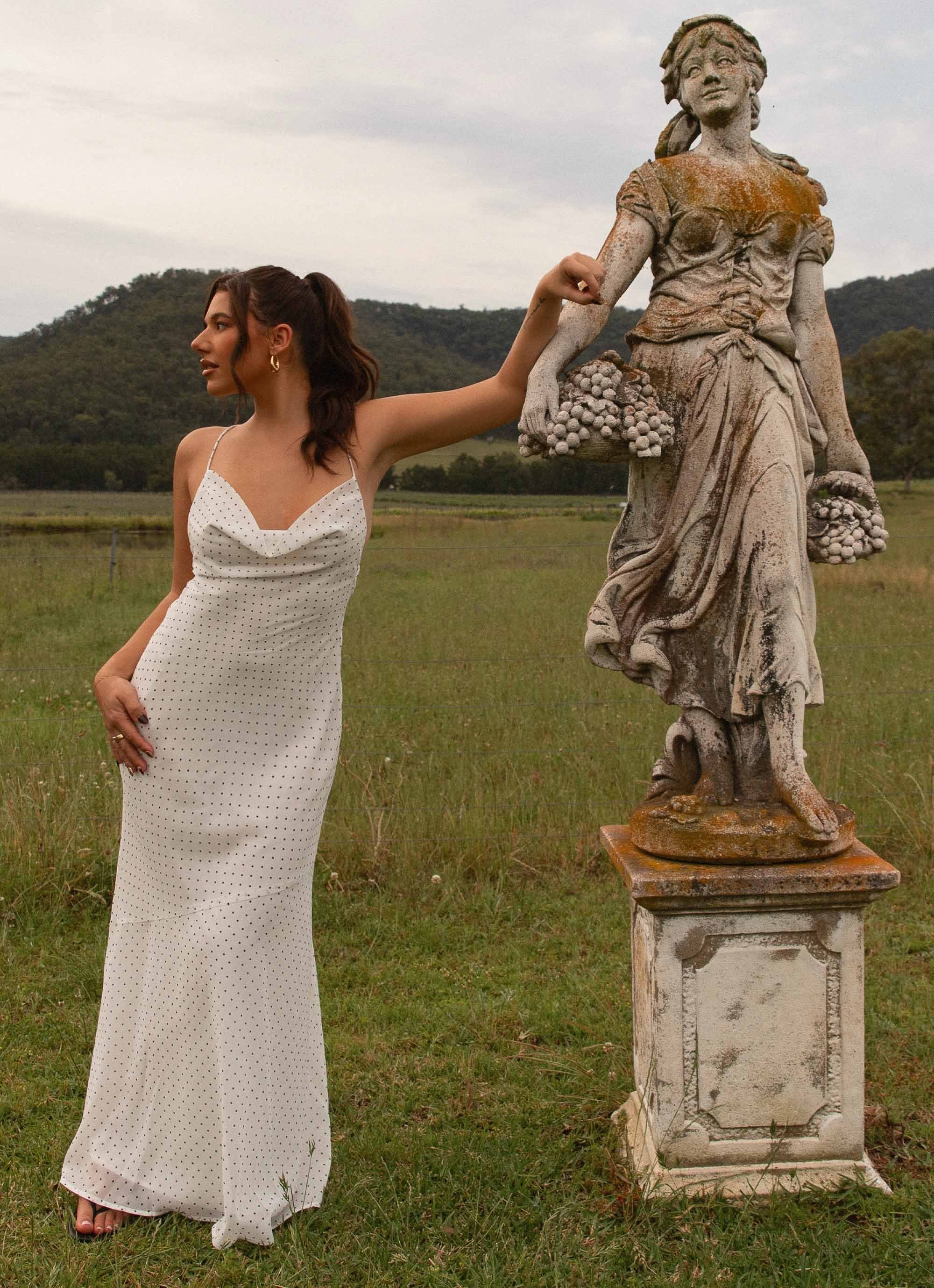 Alianna Cowl Neck Mesh Maxi Dress - White Polka Dot-Sunny Prom. All rights reserved.