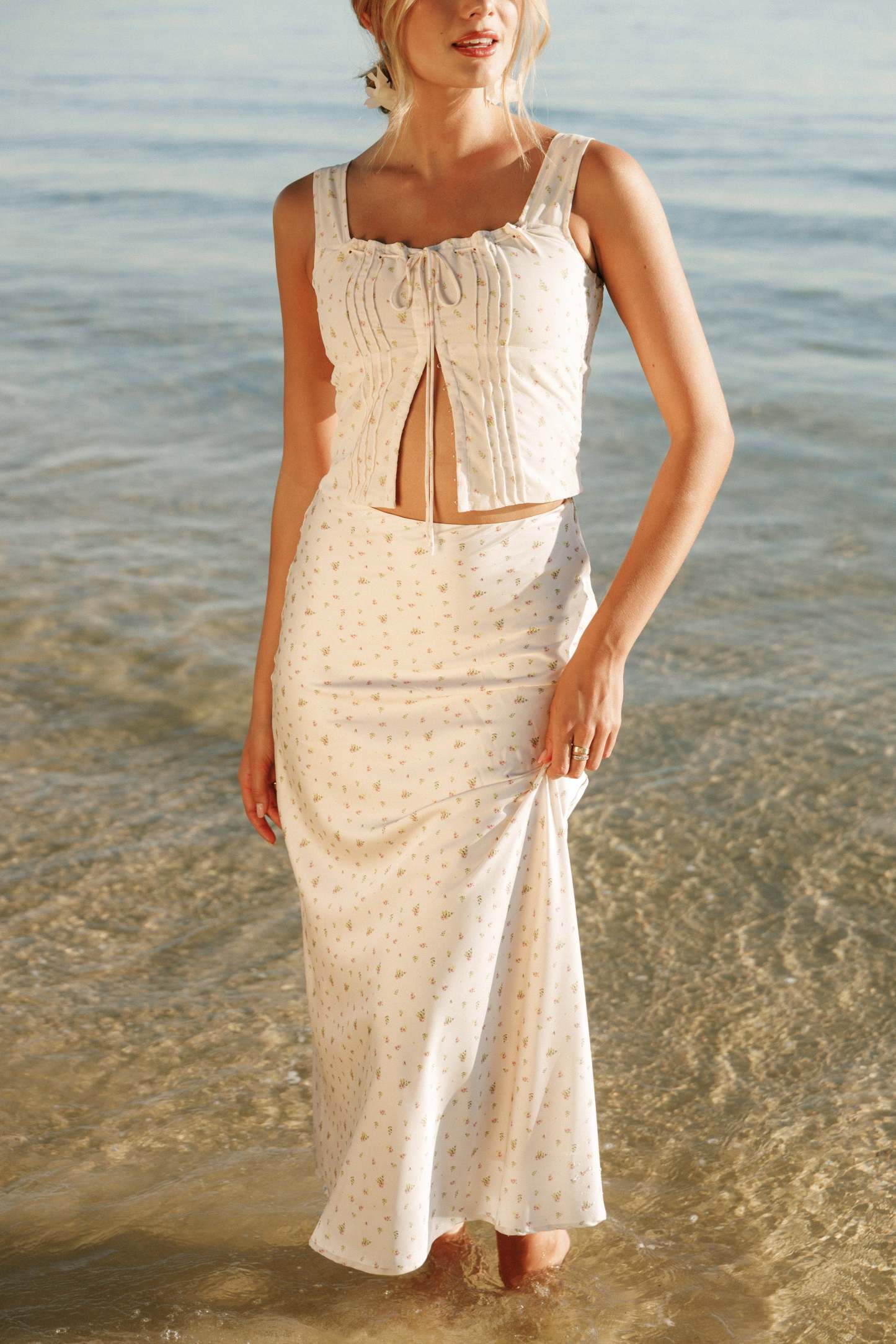 Mei Satin Midi Skirt - Tiny Blooms-Sunny Prom