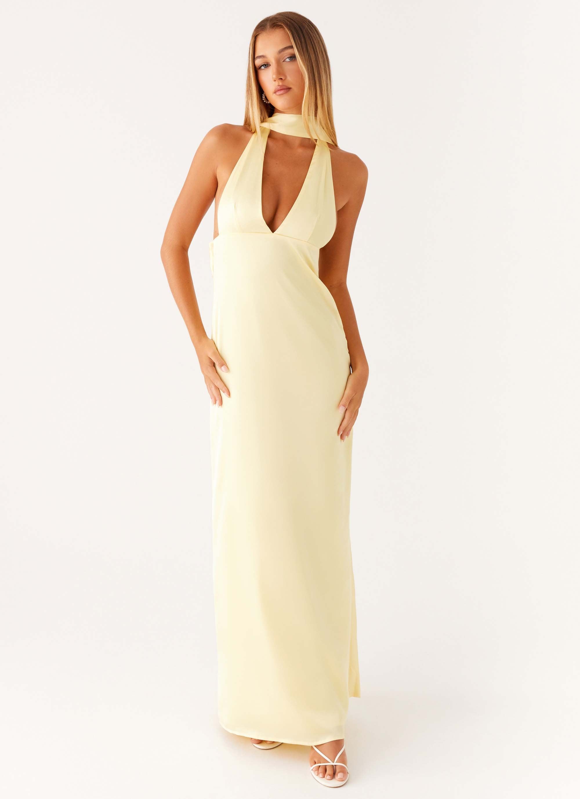 Alicia Satin Halter Maxi Dress - Yellow-Sunny Prom. All rights reserved.
