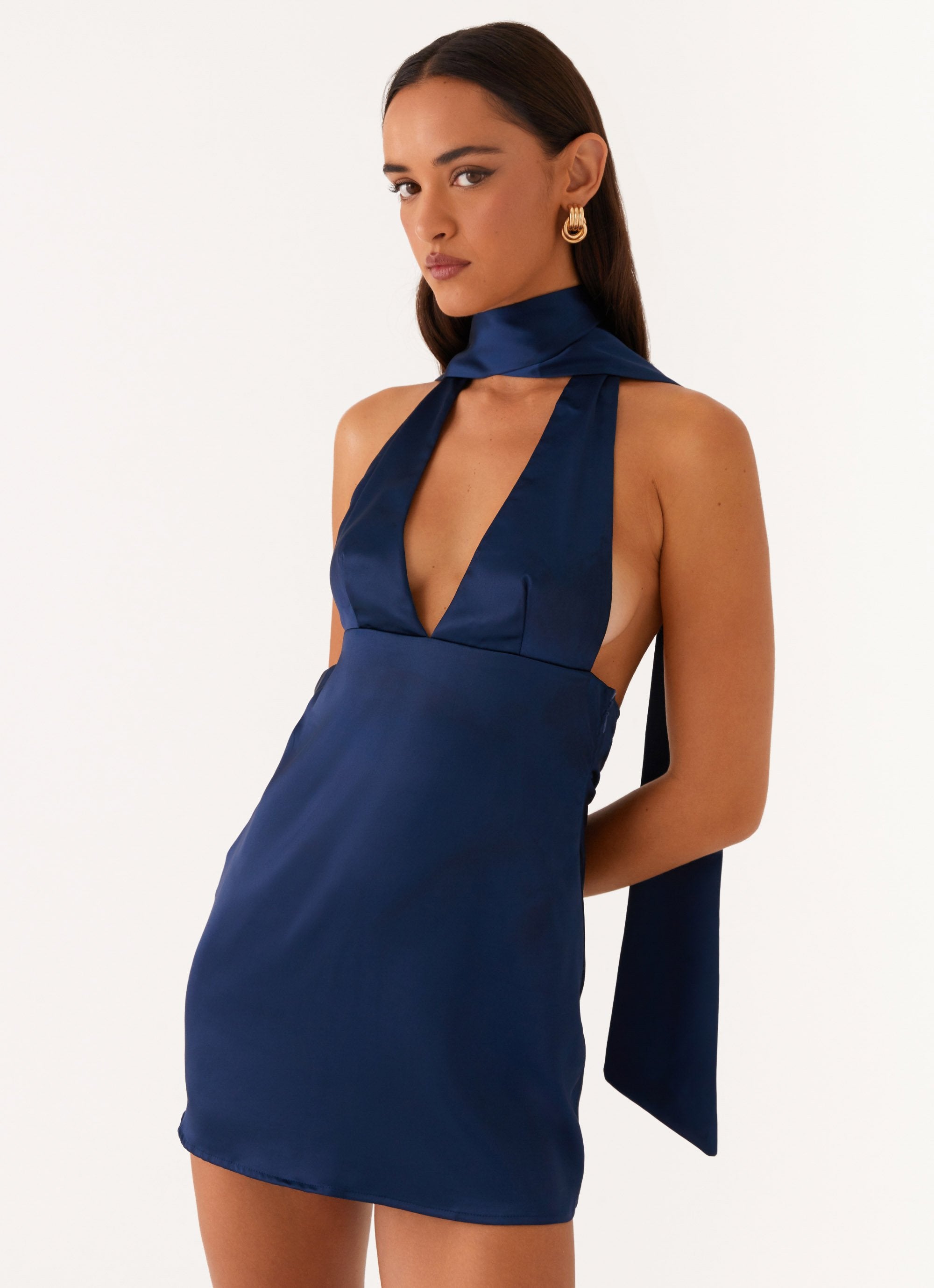 Alicia Satin Halter Mini Dress - Navy-Sunny Prom. All rights reserved.