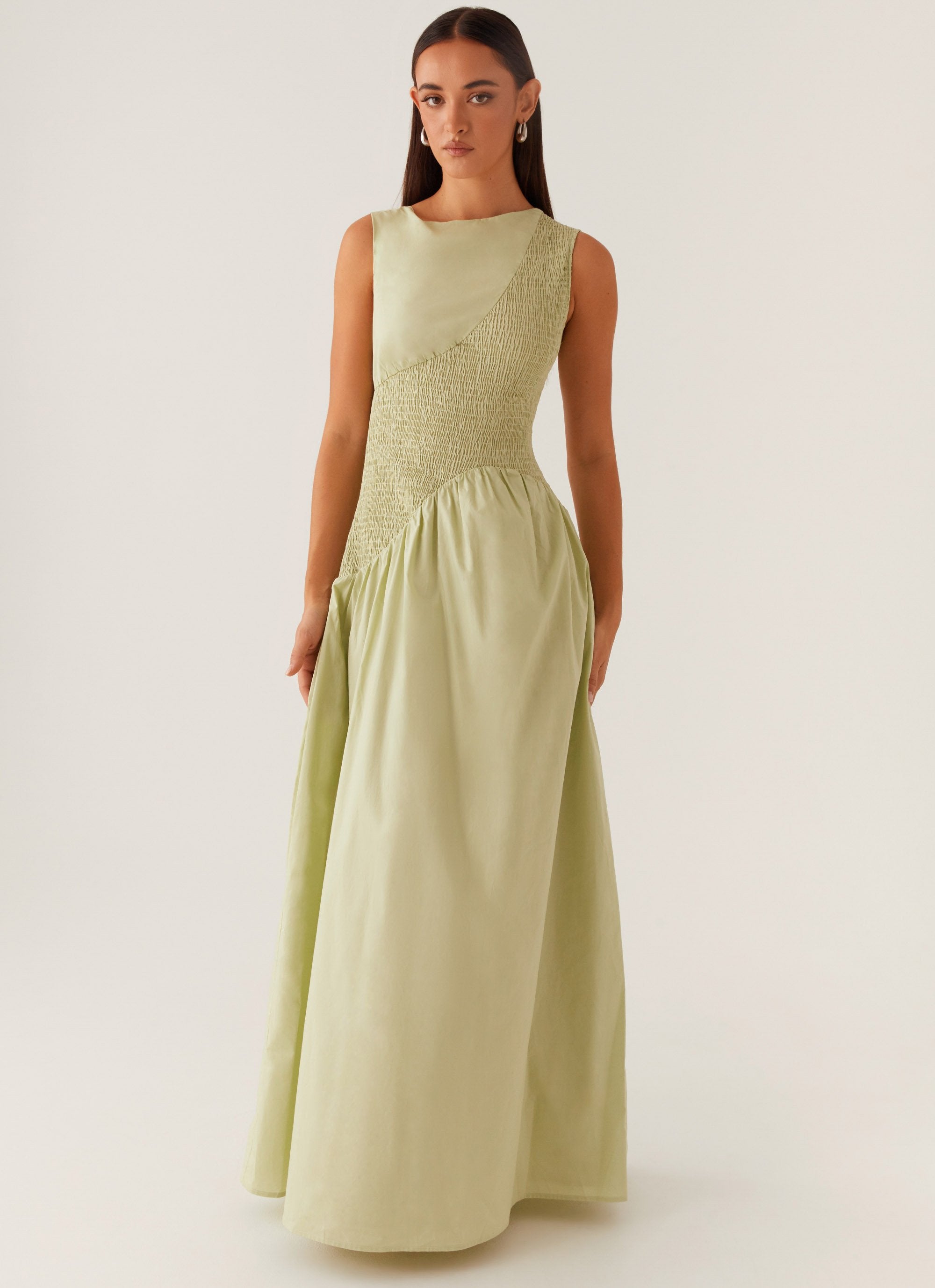 Altitude Shirred Maxi Dress - Pastel Green-Sunny Prom. All rights reserved.