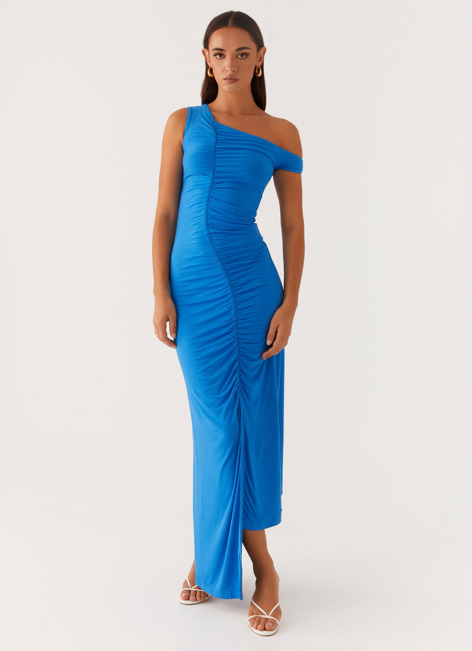 Anaya Ruched Asymmetrical Maxi Dress - Azure-Sunny Prom. All rights reserved.