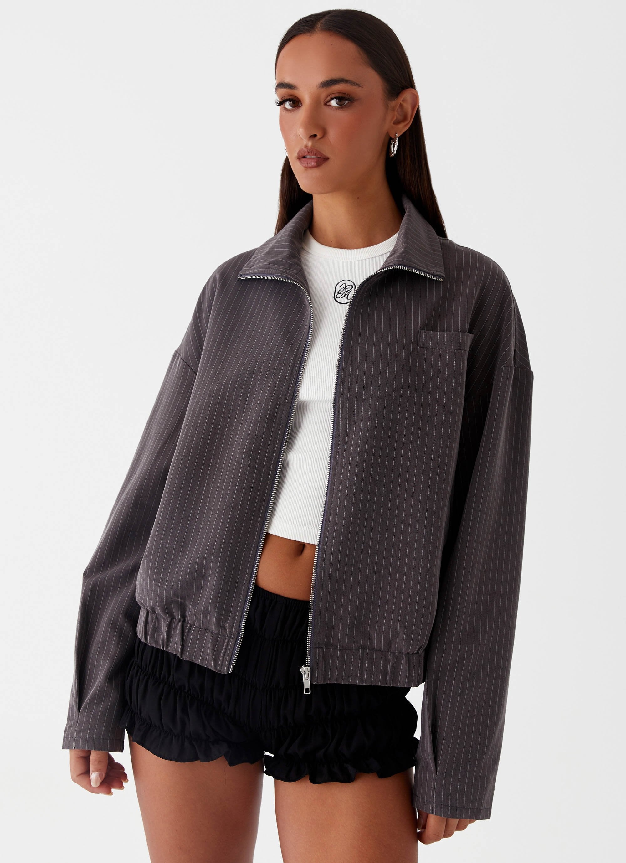 Annelotta Jacket - Grey Pinstripe-Sunny Prom. All rights reserved.