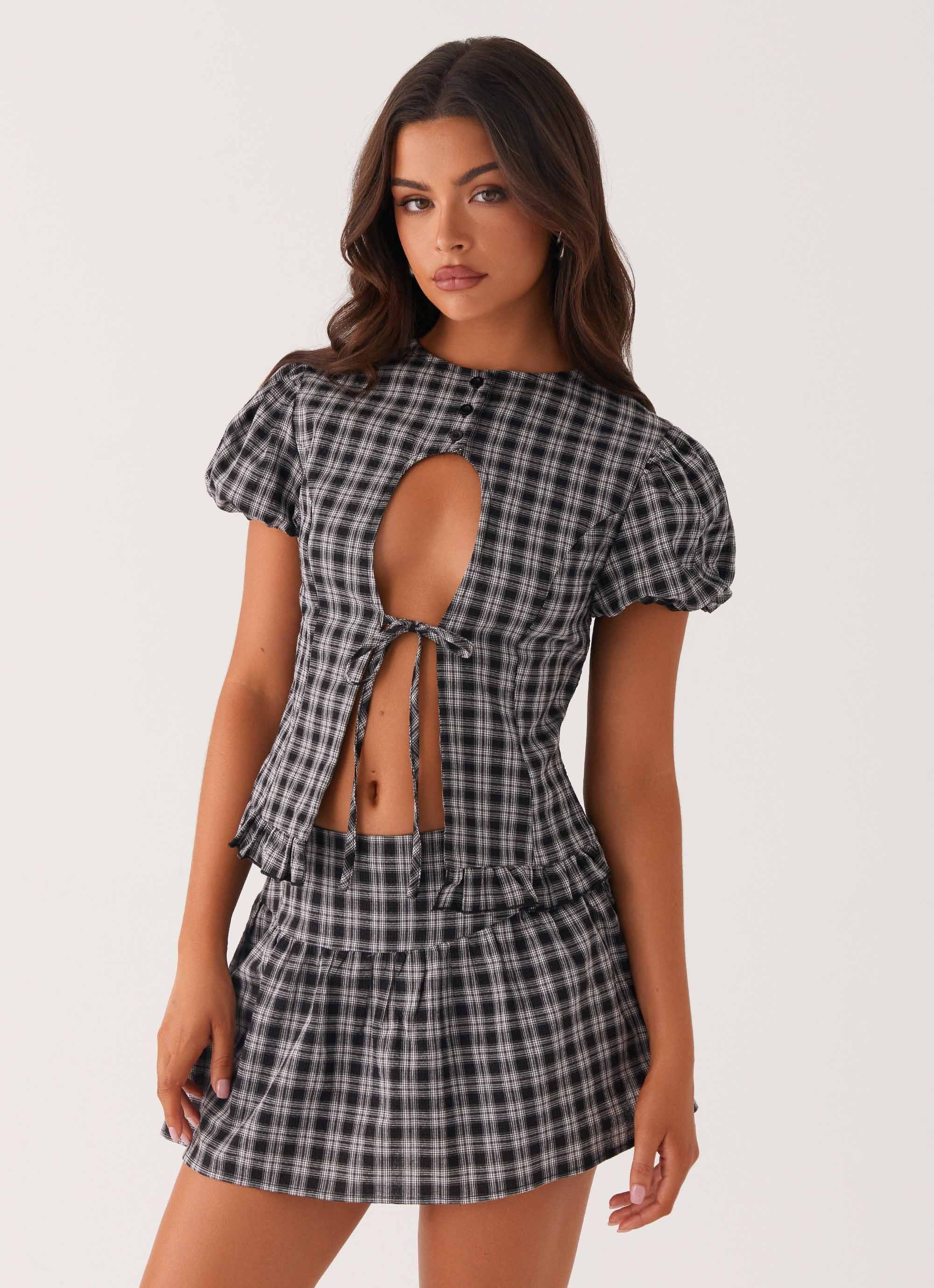 Annie Puff Sleeve Top - White Black Check-Sunny Prom. All rights reserved.