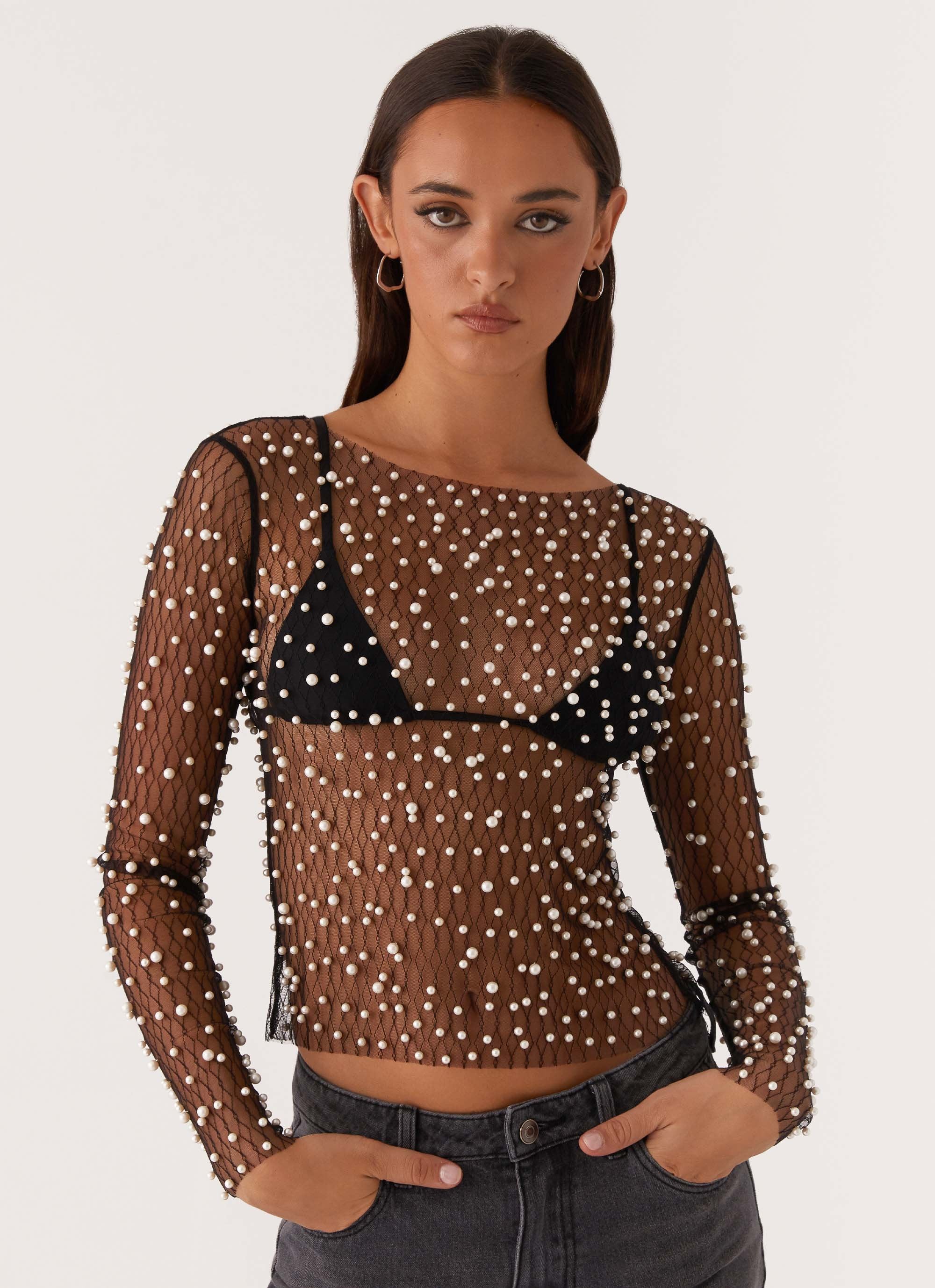 Another Universe Long Sleeve Pearl Top - Black-Sunny Prom. All rights reserved.