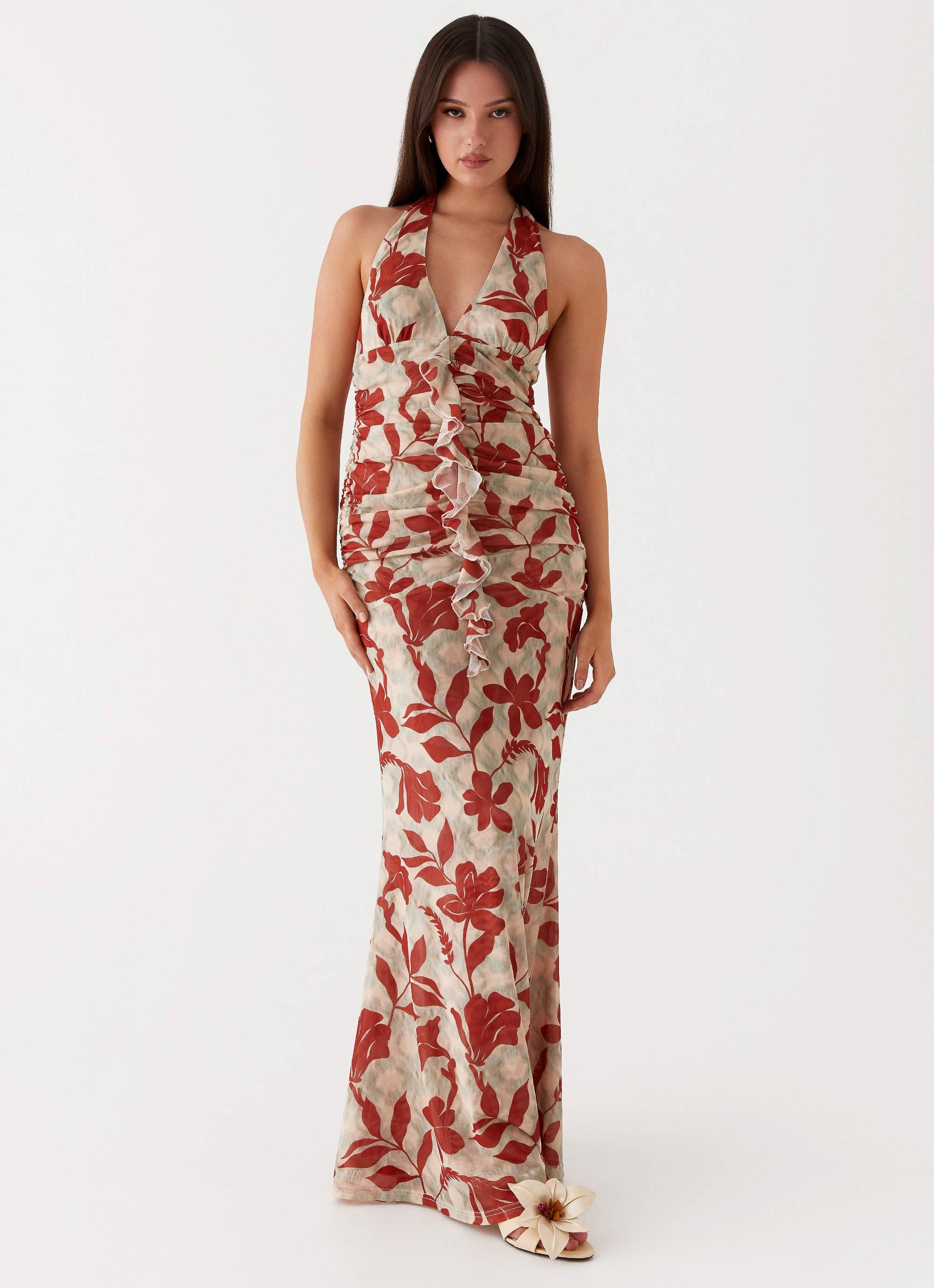 Ardenia Halter Maxi Dress - Red Green Floral-Sunny Prom. All rights reserved.