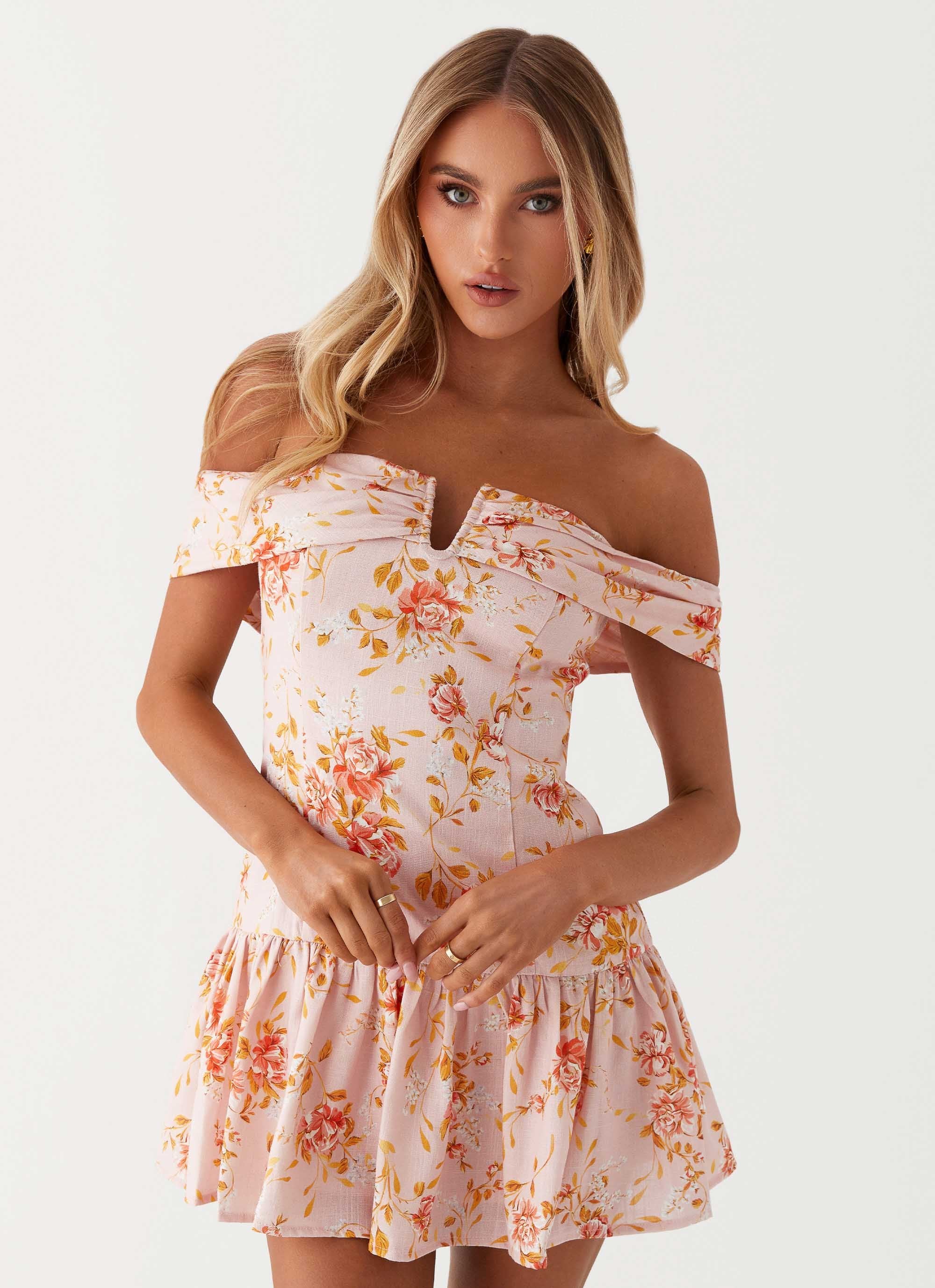 Aries Off Shoulder Linen Mini Dress - Pink Floral-Sunny Prom. All rights reserved.