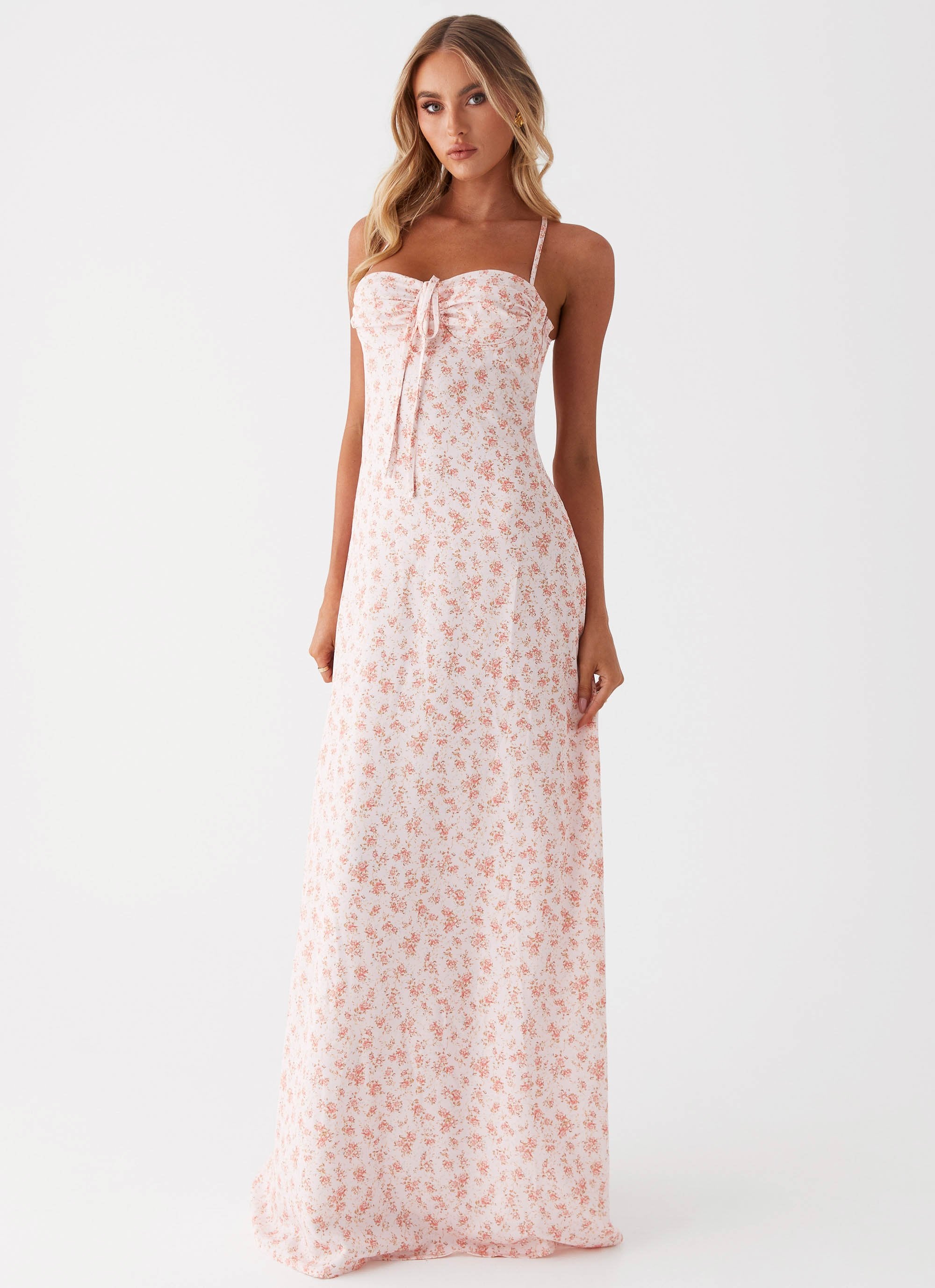Aveline Bustier Maxi Dress - Pink Ditsy Floral-Sunny Prom. All rights reserved.
