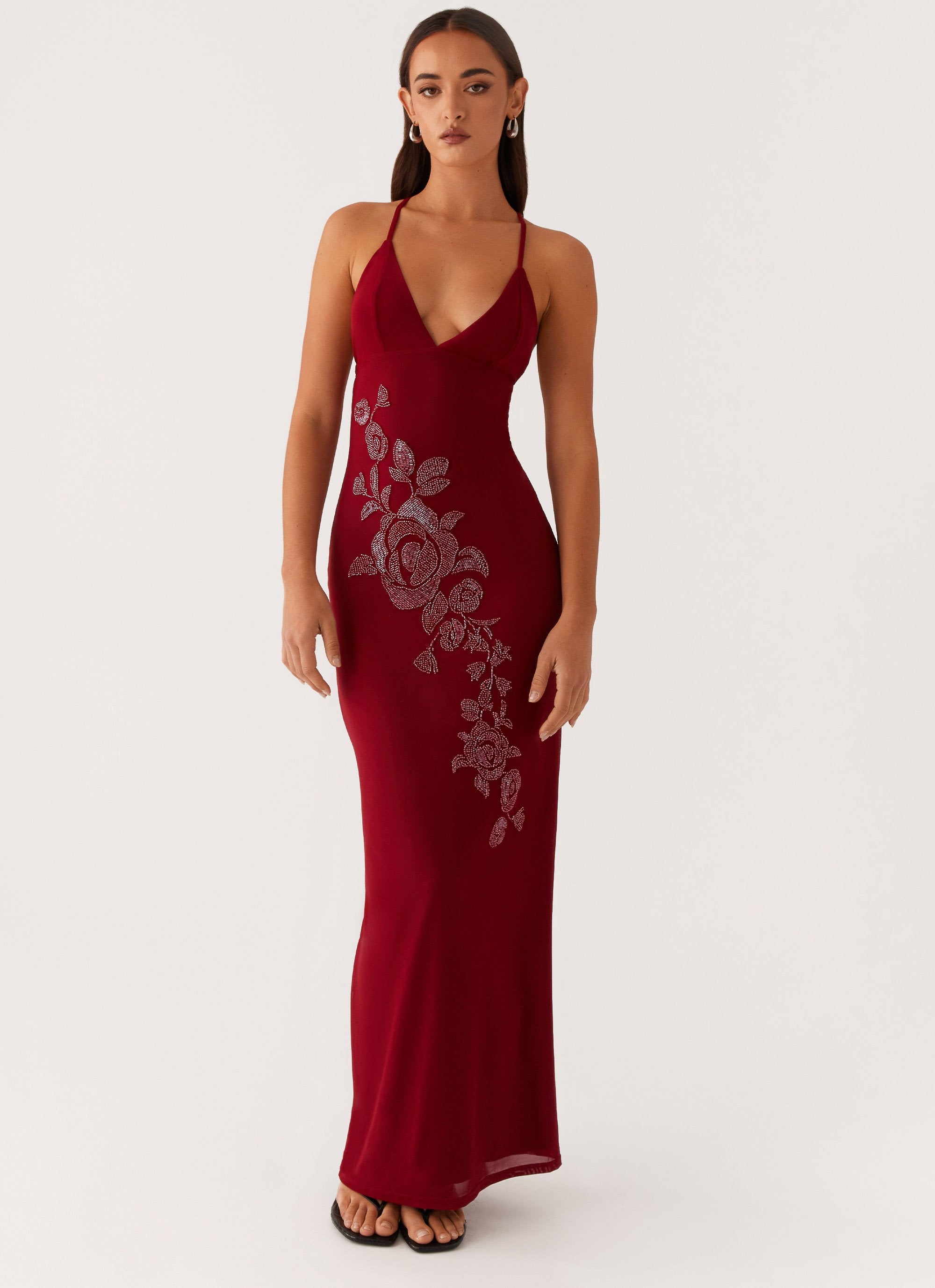 Beki Beaded Mesh Maxi Dress - Deep Red-Sunny Prom. All rights reserved.