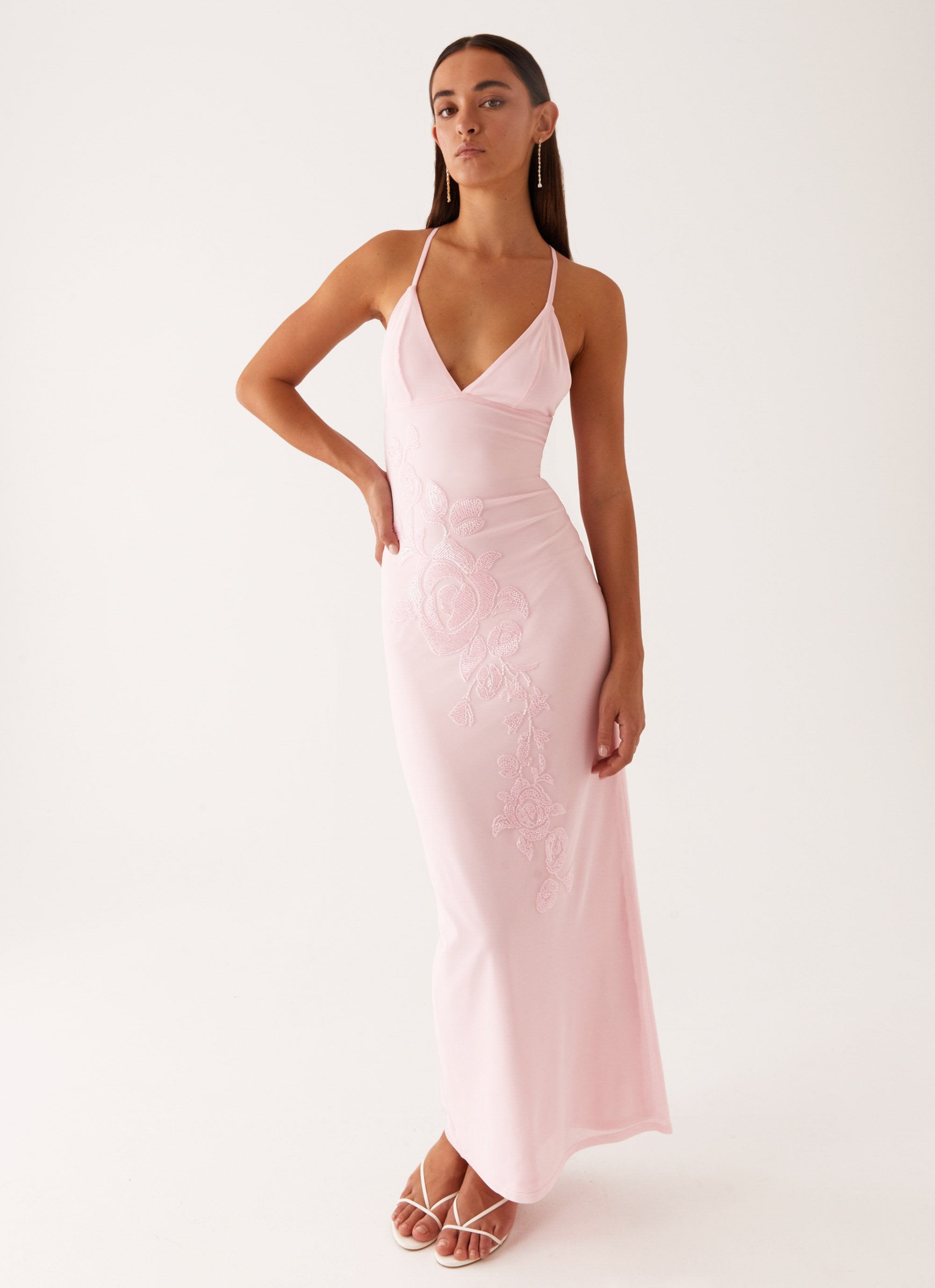Beki Beaded Mesh Maxi Dress - Pink-Sunny Prom. All rights reserved.