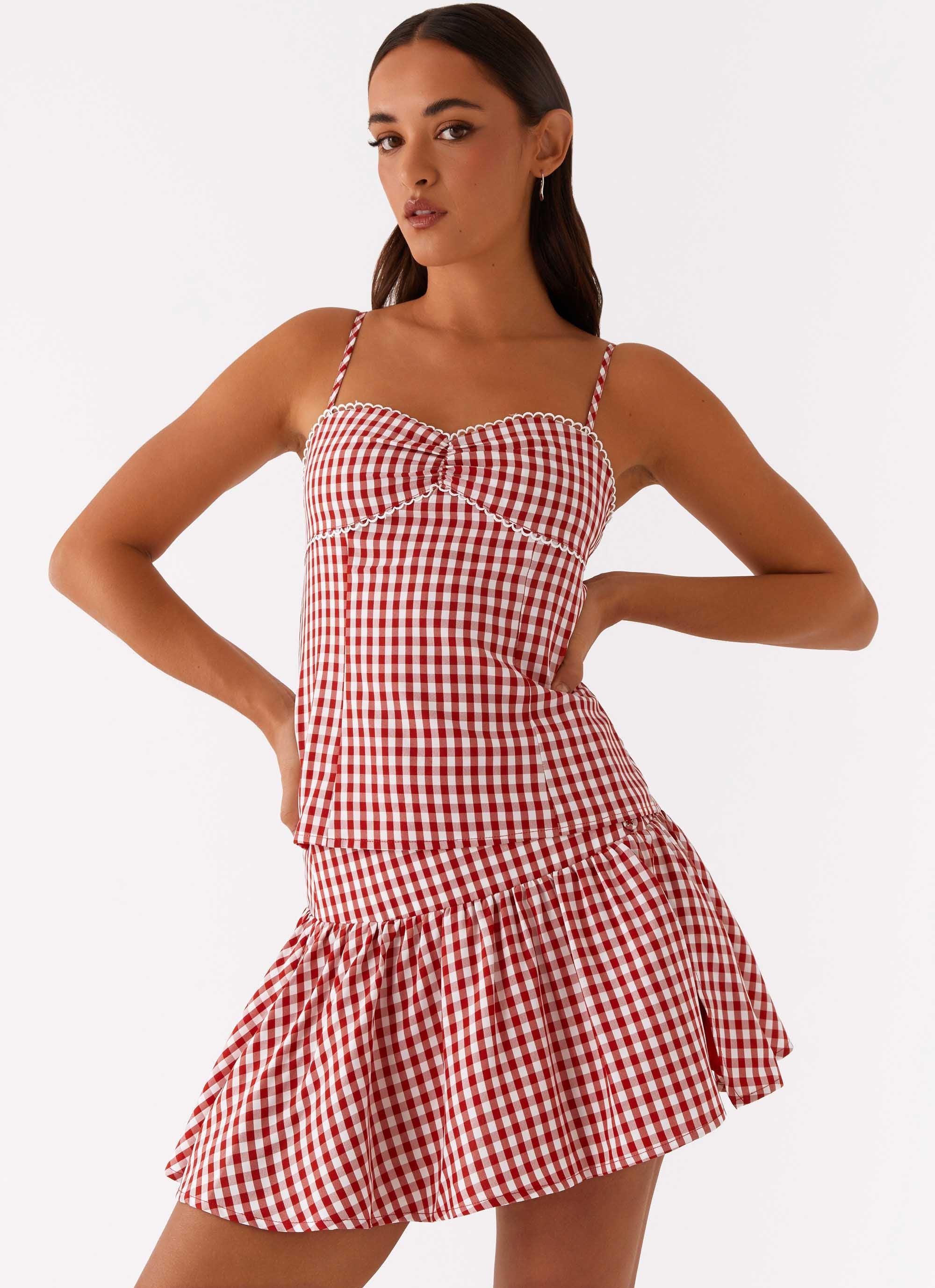Bellamy Mini Skirt - Red Gingham-Sunny Prom. All rights reserved.