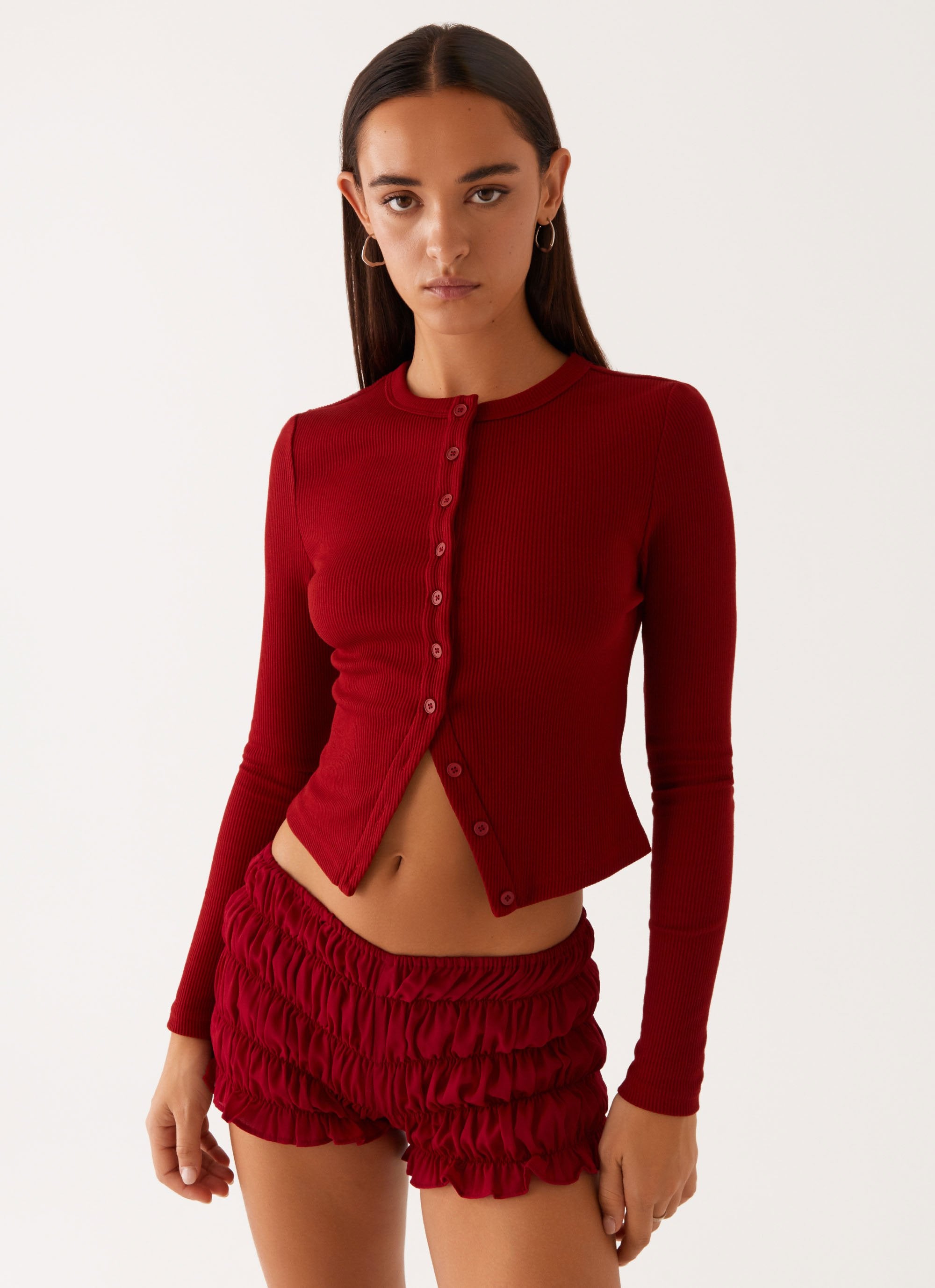 Blair Buttoned Long Sleeve Top - Red-Sunny Prom. All rights reserved.