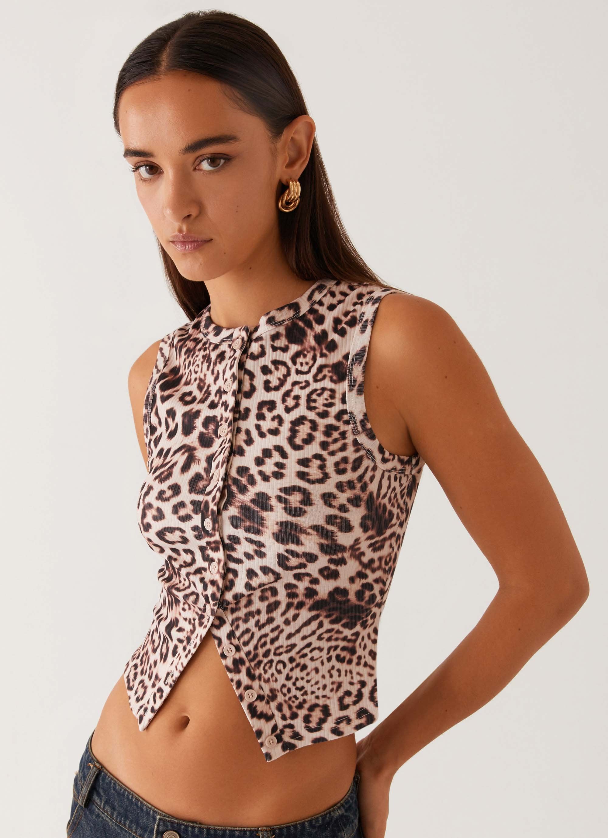 Blair Buttoned Tank Top - Leopard-Sunny Prom. All rights reserved.