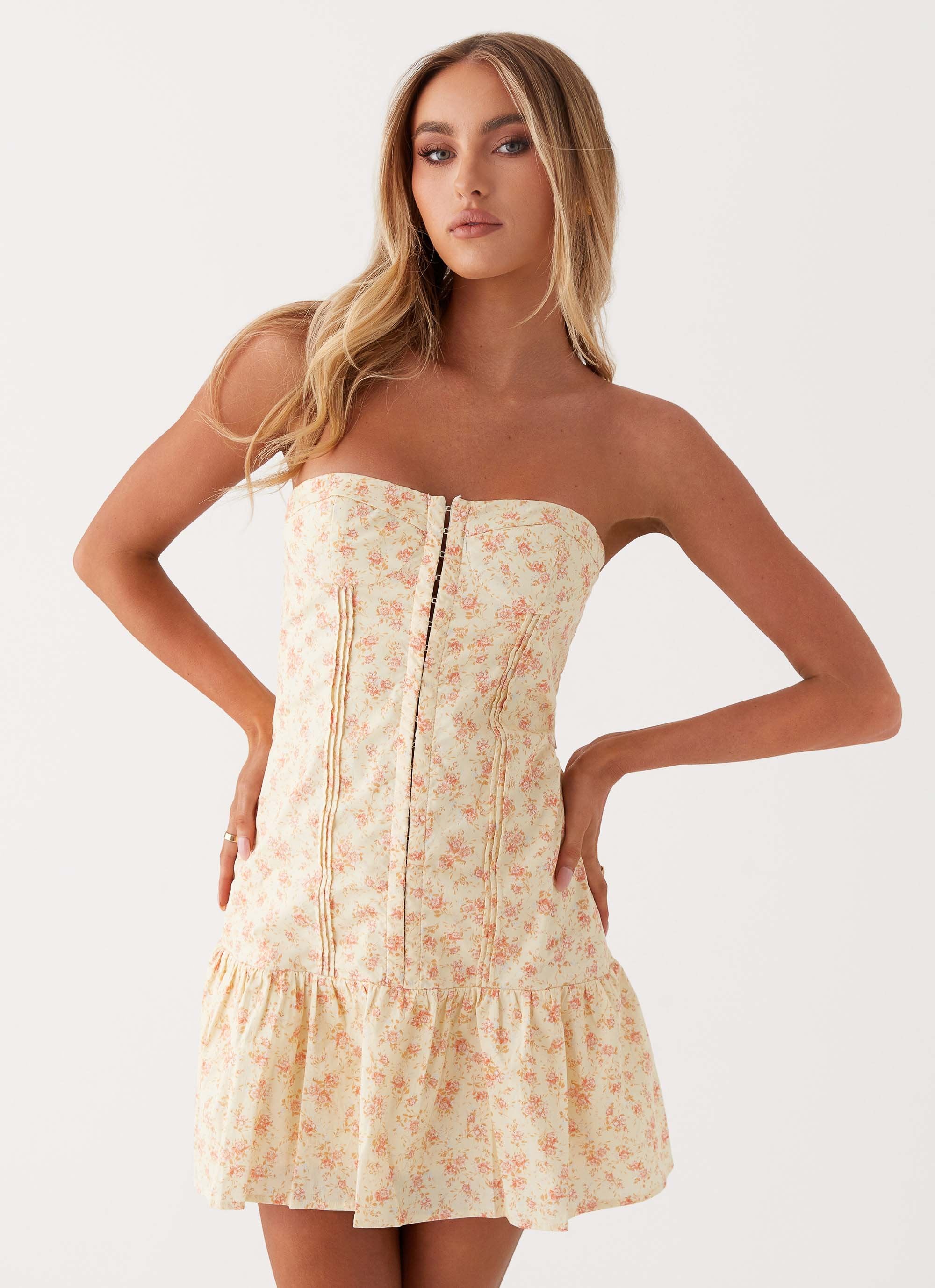 Bloomsbury Bustier Mini Dress - Yellow Ditsy Floral-Sunny Prom. All rights reserved.
