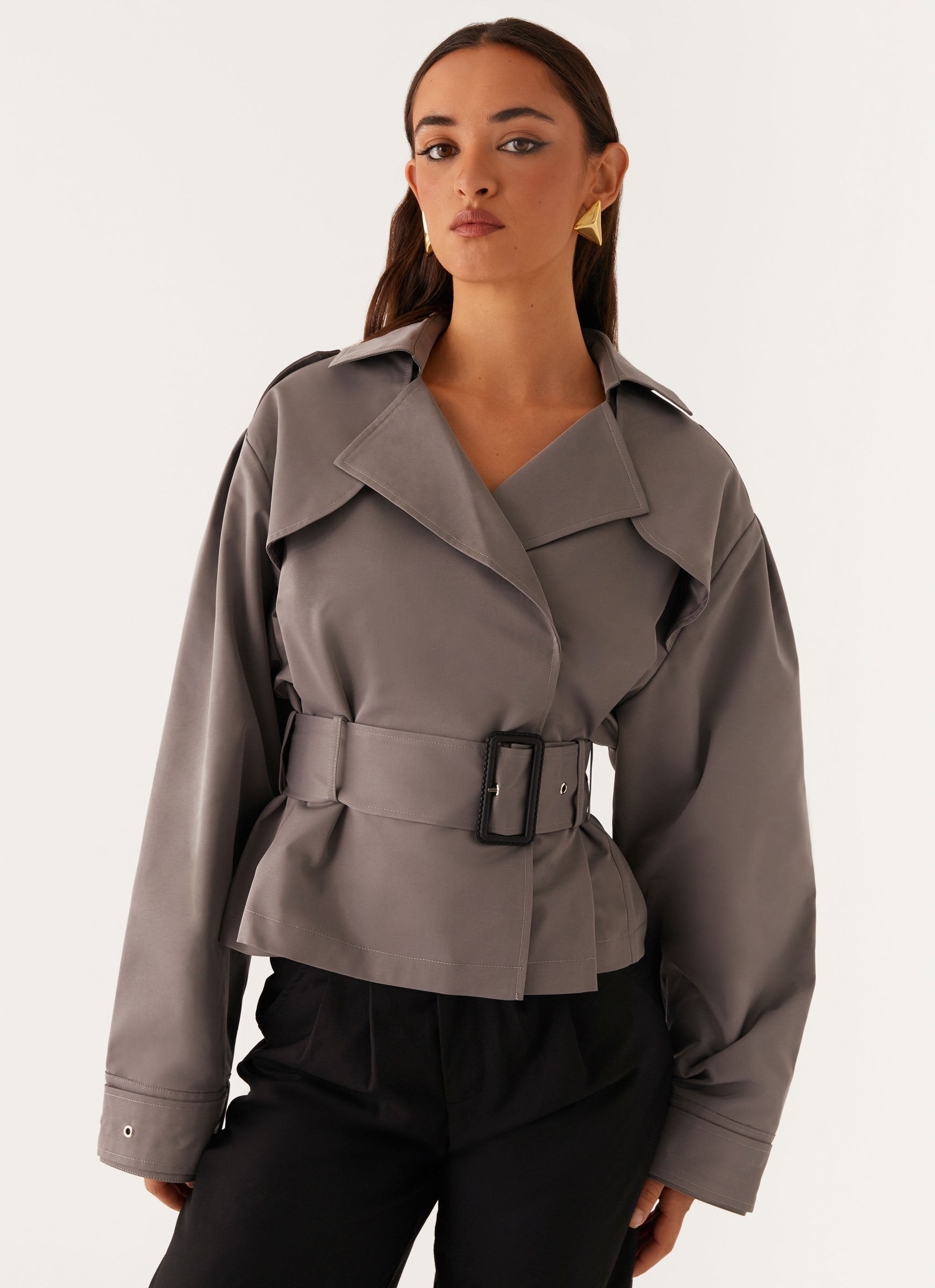 Boston Cropped Trench Coat - Charcoal-Sunny Prom. All rights reserved.