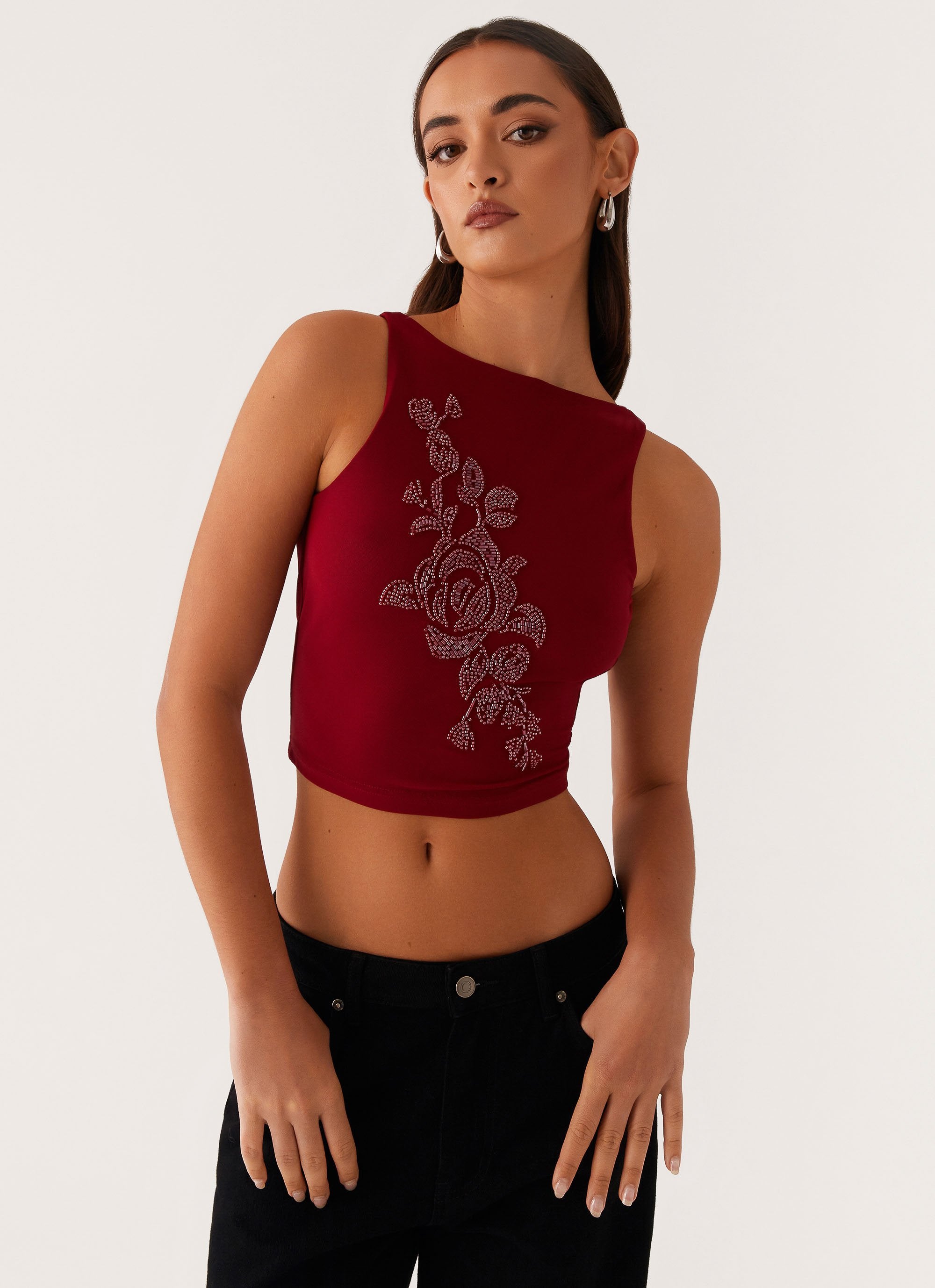 Brae Beaded Mesh Top - Deep Red-Sunny Prom. All rights reserved.