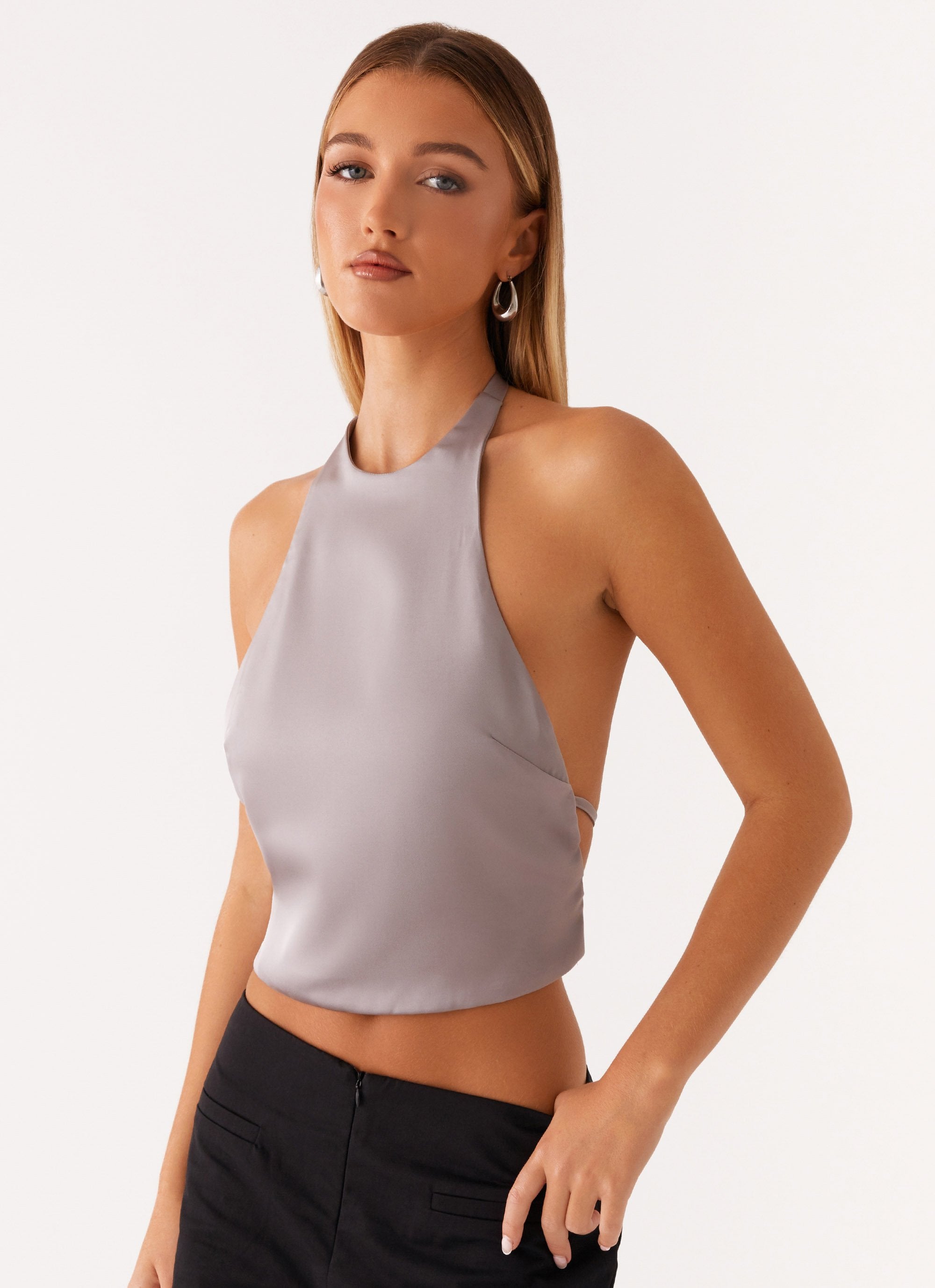 Bree Satin Halterneck Top - Grey-Sunny Prom. All rights reserved.