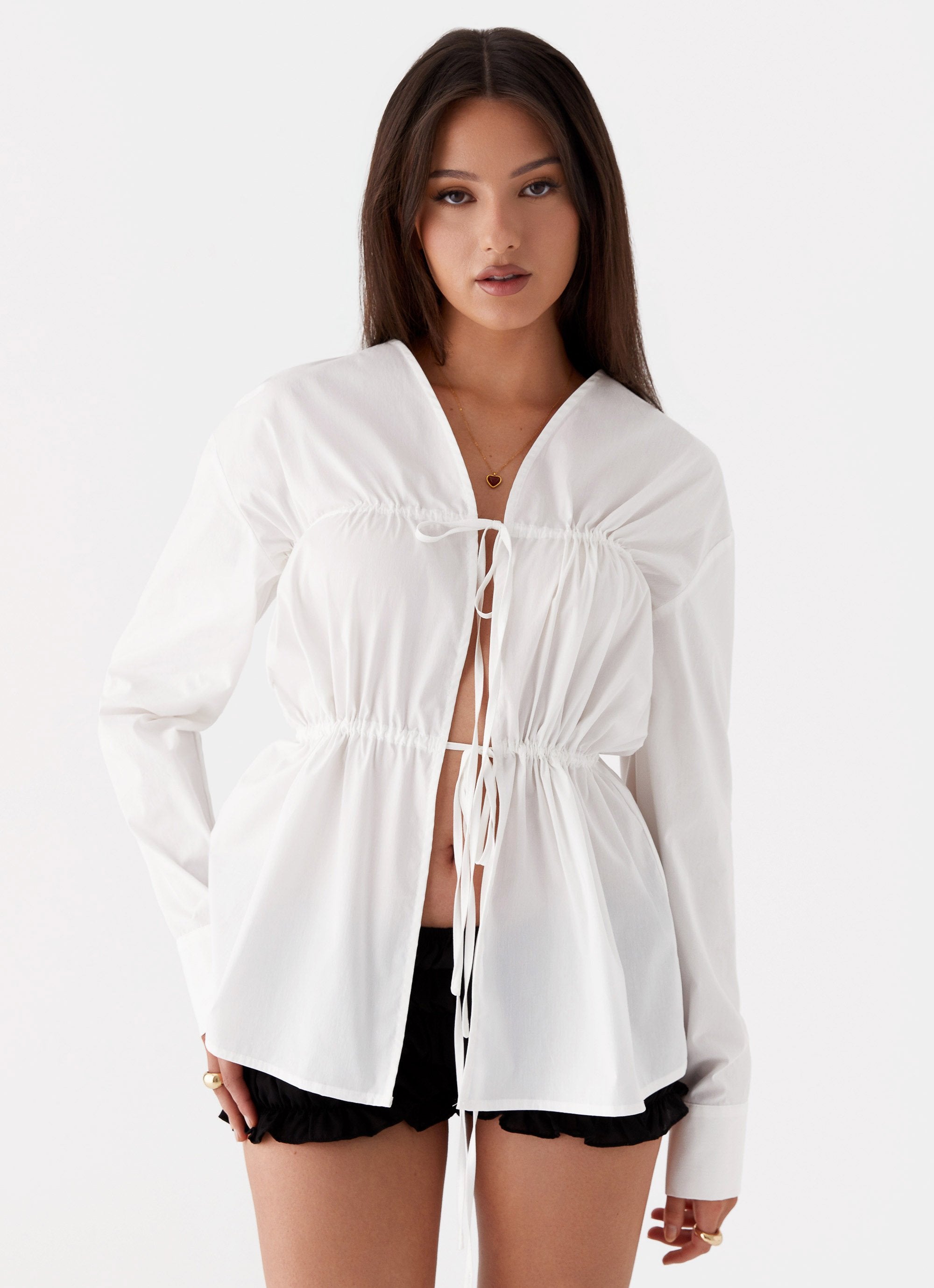 Bridget Ruched Tie Front Shirt - White-Sunny Prom. All rights reserved.