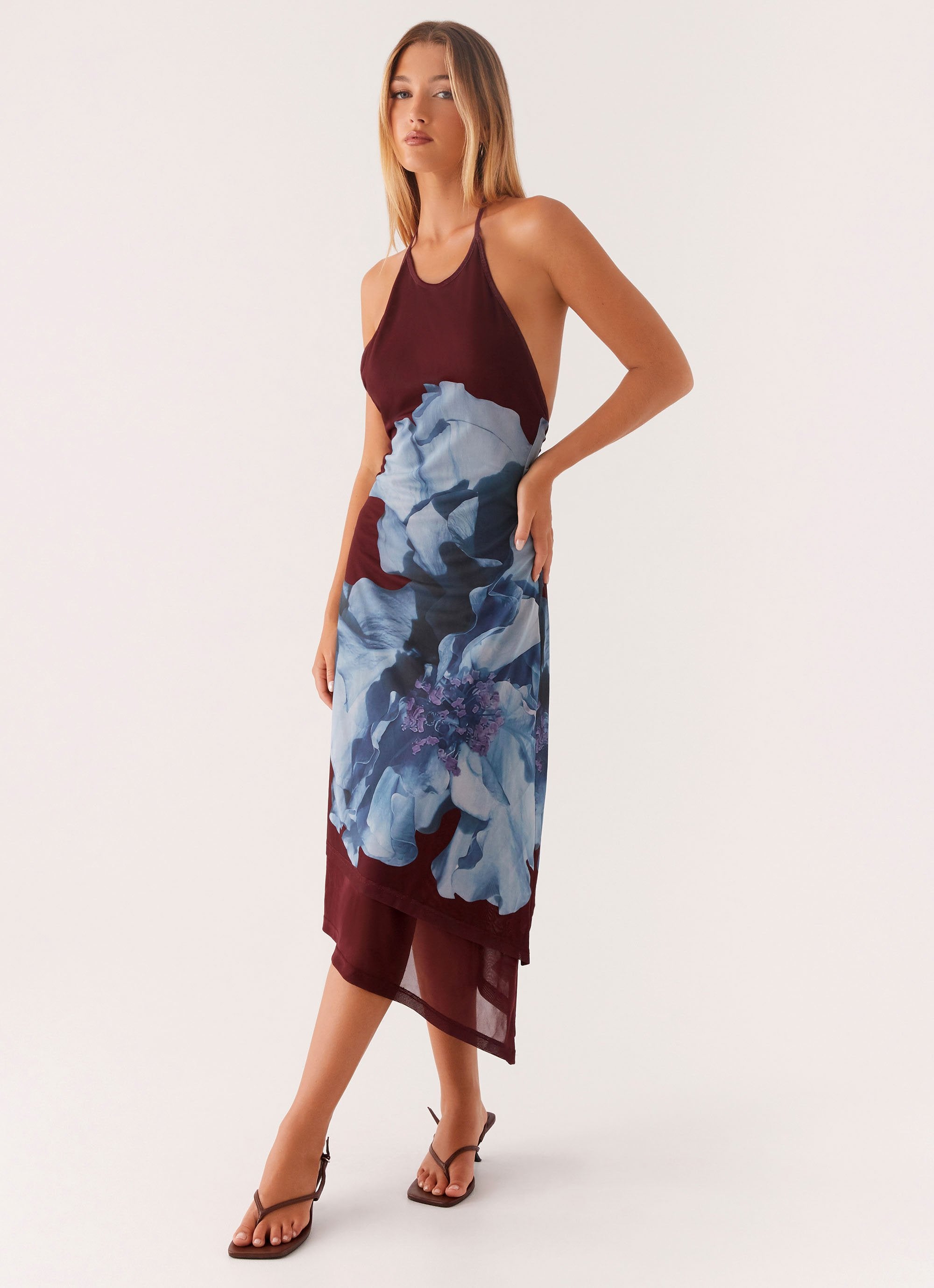 Brinley Halterneck Midi Dress - Maroon Print-Sunny Prom. All rights reserved.