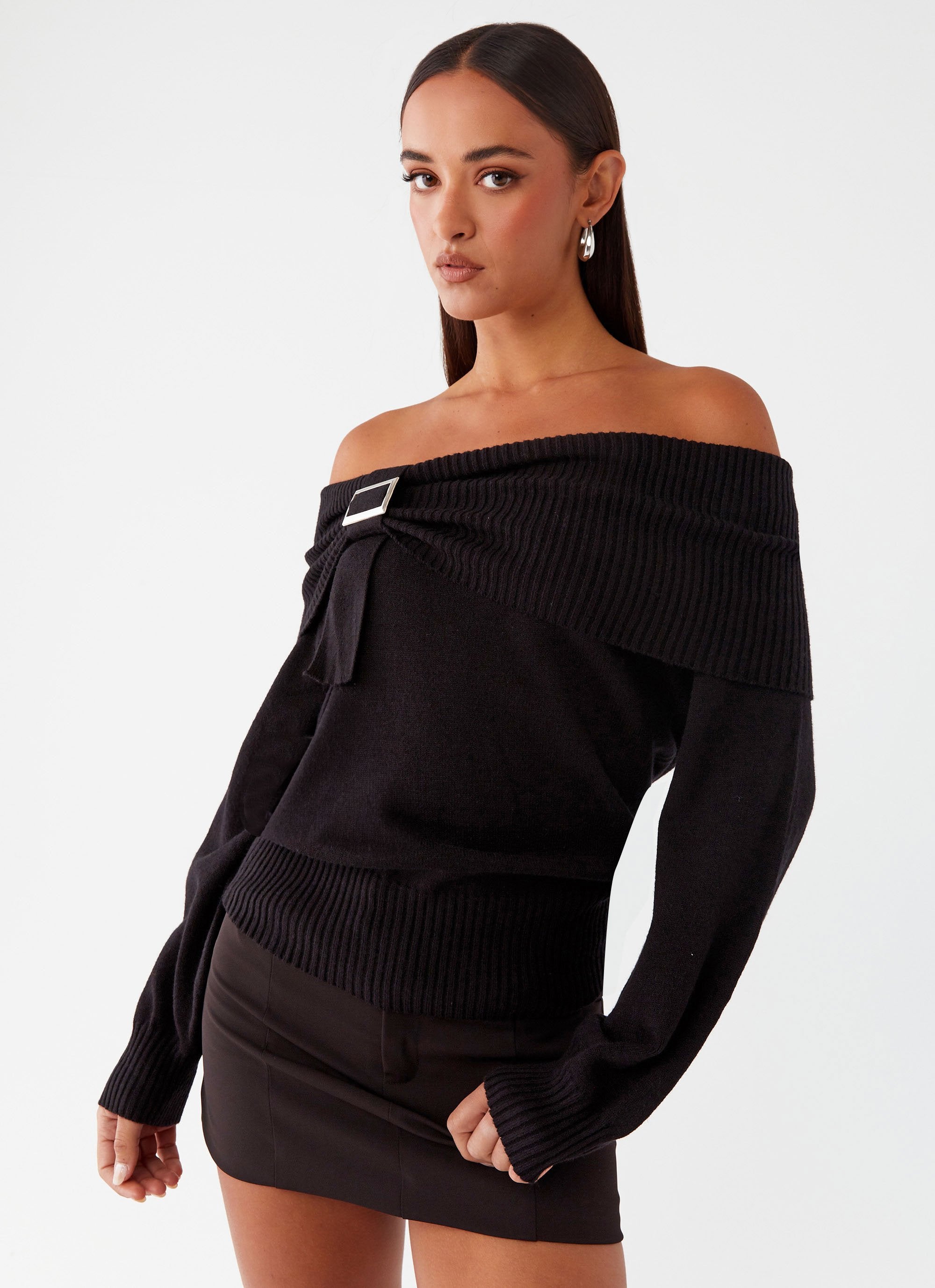 Buckle Up Oversized Bardot Knit Sweater - Black-Sunny Prom. All rights reserved.