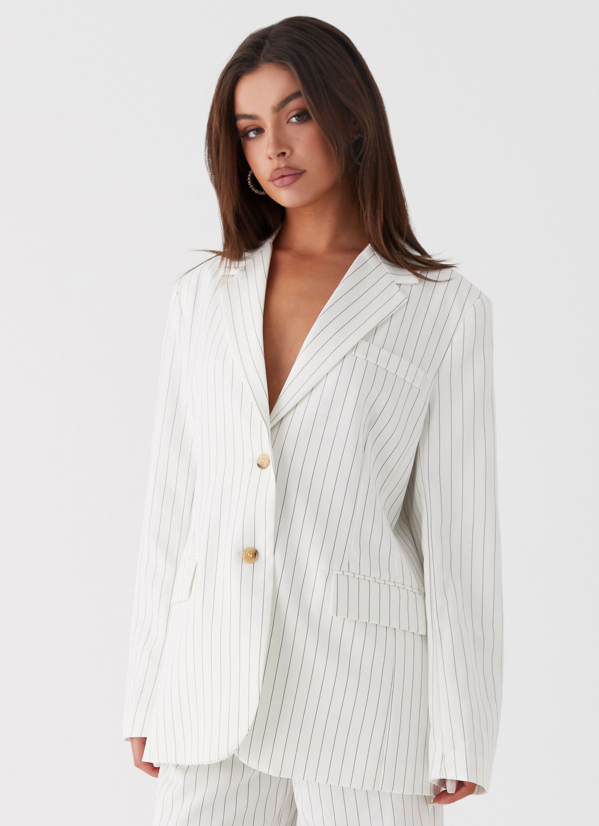 Can't Leave Pinstripe Oversized Blazer - White Pinstripe-Sunny Prom. All rights reserved.