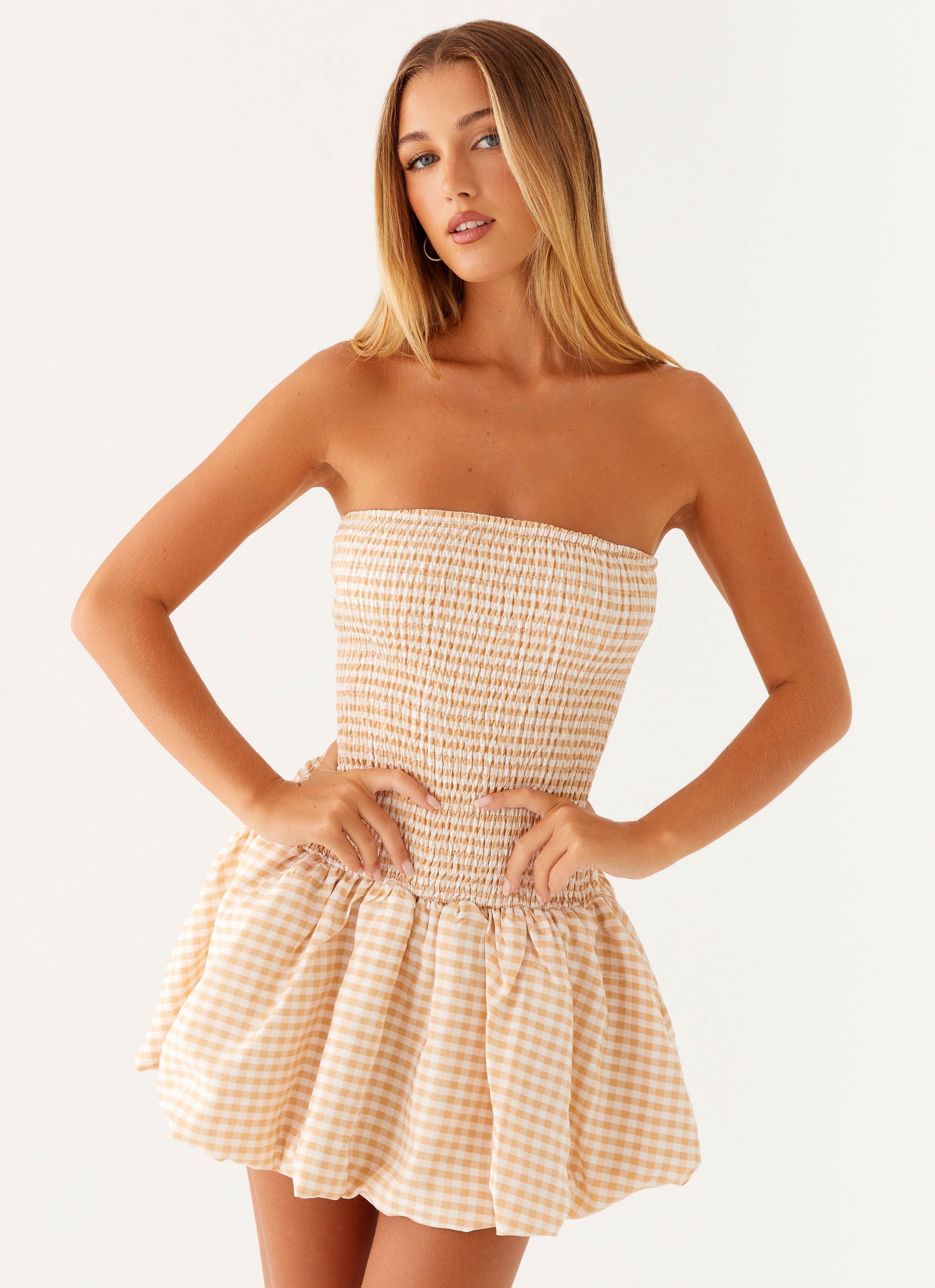 Cassidy Mini Dress - Orange Gingham-Sunny Prom. All rights reserved.