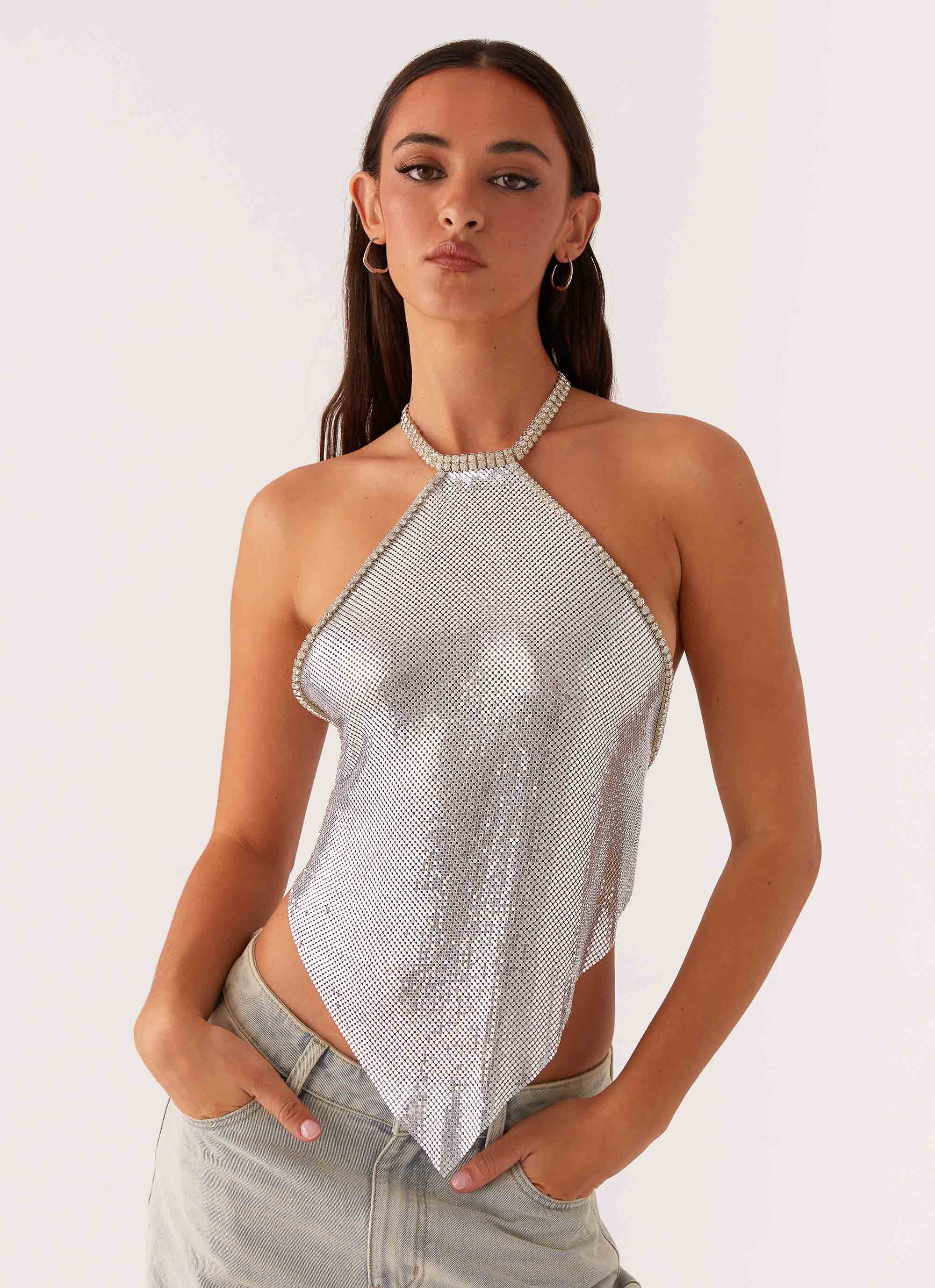 Celebrate Halterneck Chainmail Top - Silver-Sunny Prom. All rights reserved.