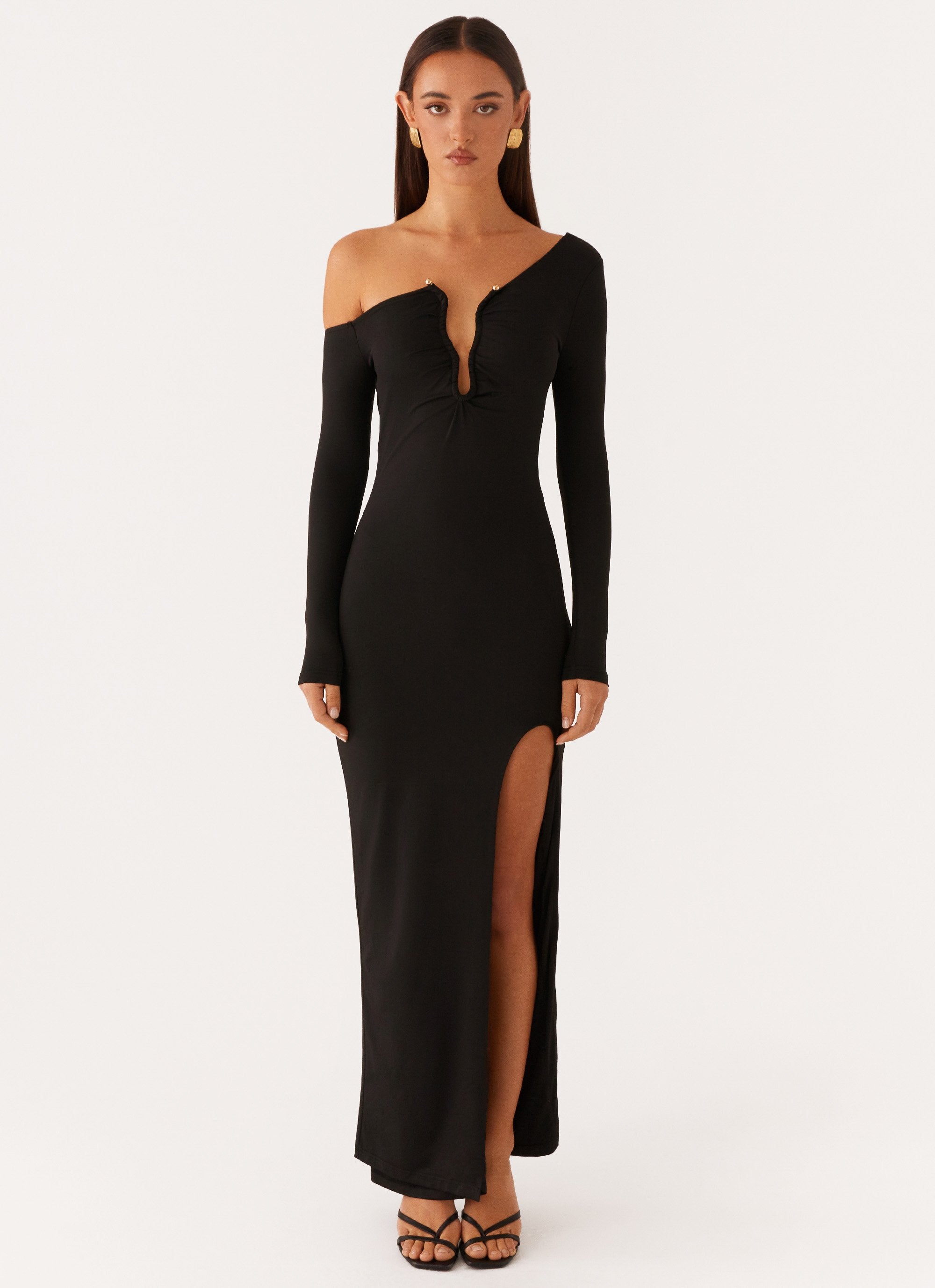 Claudette Asymmetric Long Sleeve Maxi Dress - Black-Sunny Prom. All rights reserved.