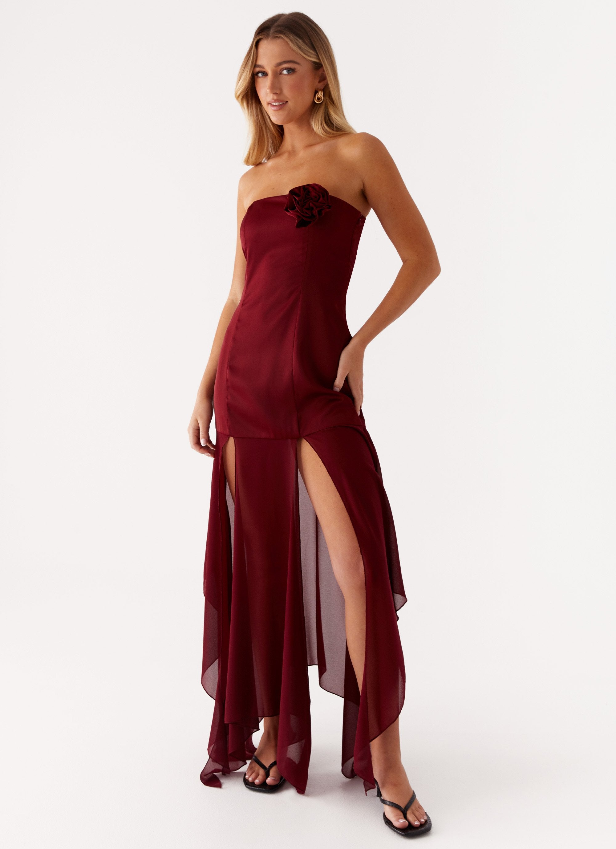 Collision Satin Maxi Dress - Cherry Red-Sunny Prom. All rights reserved.