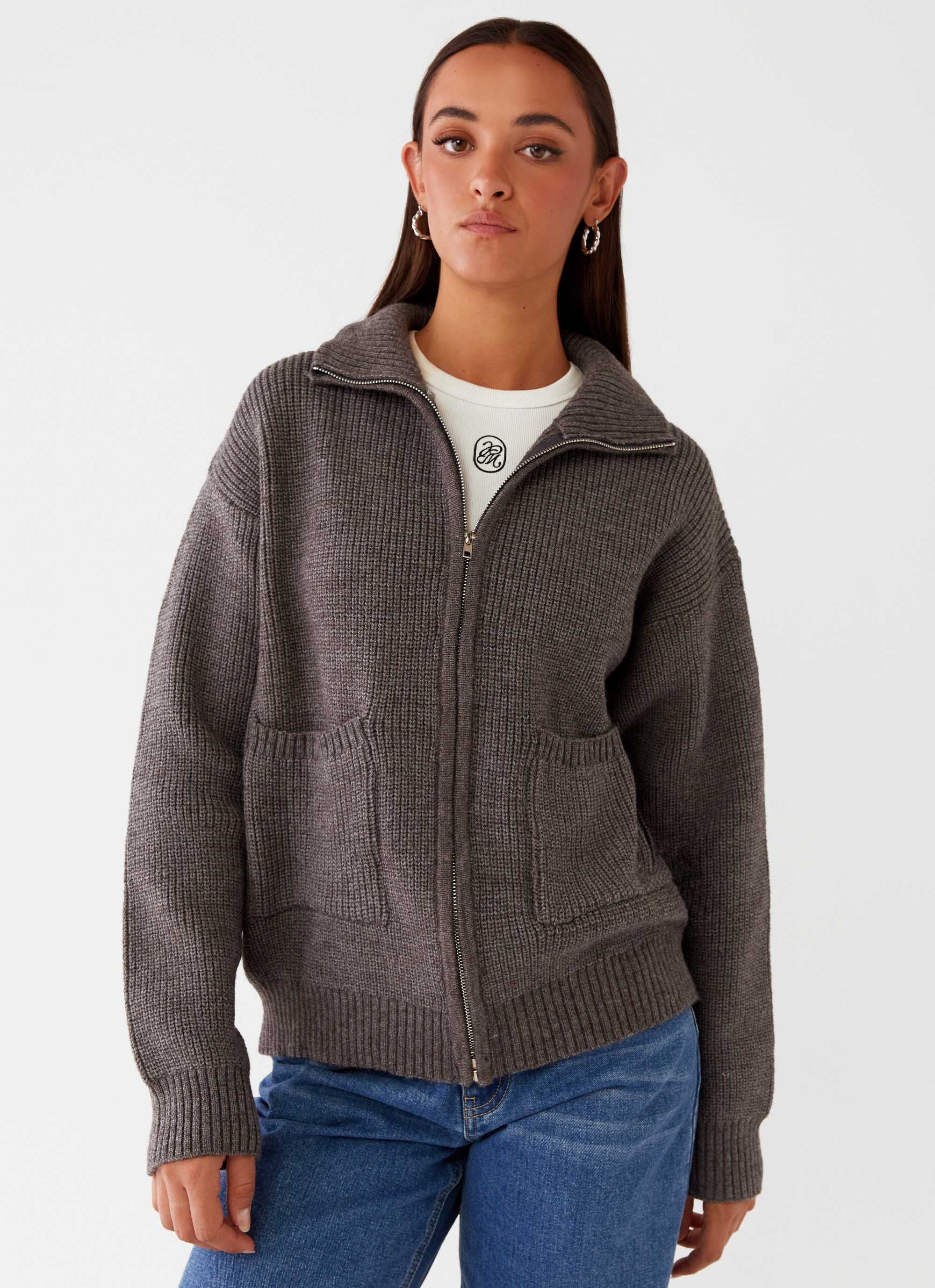 Common Ground Oversized Zip Cardigan - Charcoal-Sunny Prom. All rights reserved.
