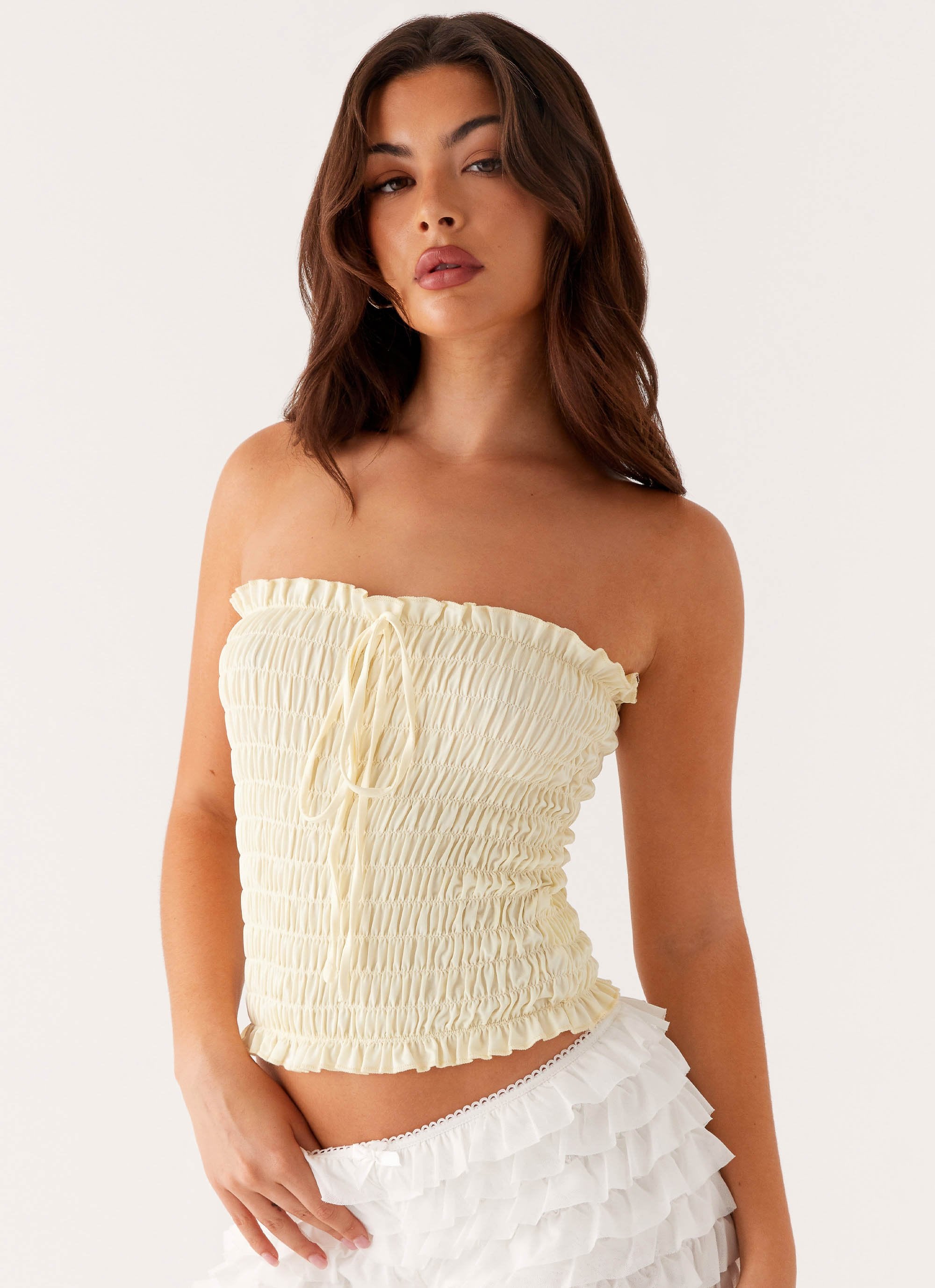 Cordelia Shirred Tube Top - Lemon-Sunny Prom. All rights reserved.