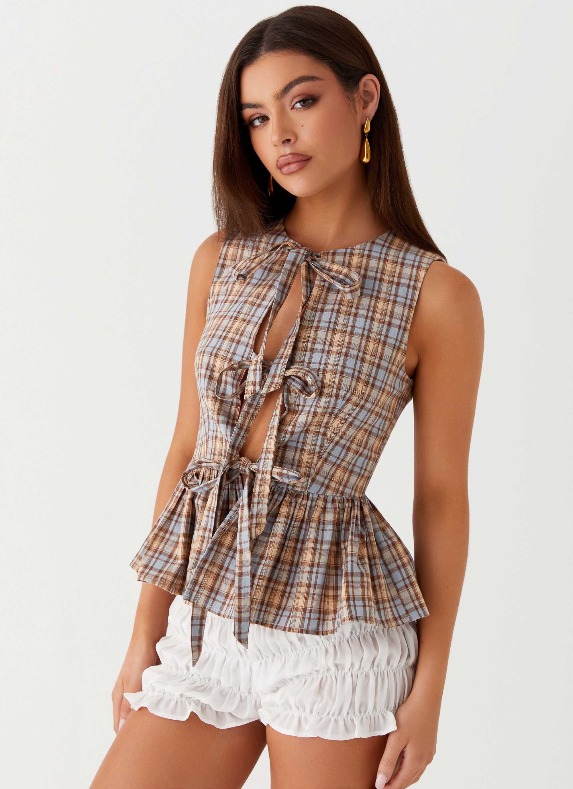 Cyrene Tie Top - Brown Check-Sunny Prom. All rights reserved.