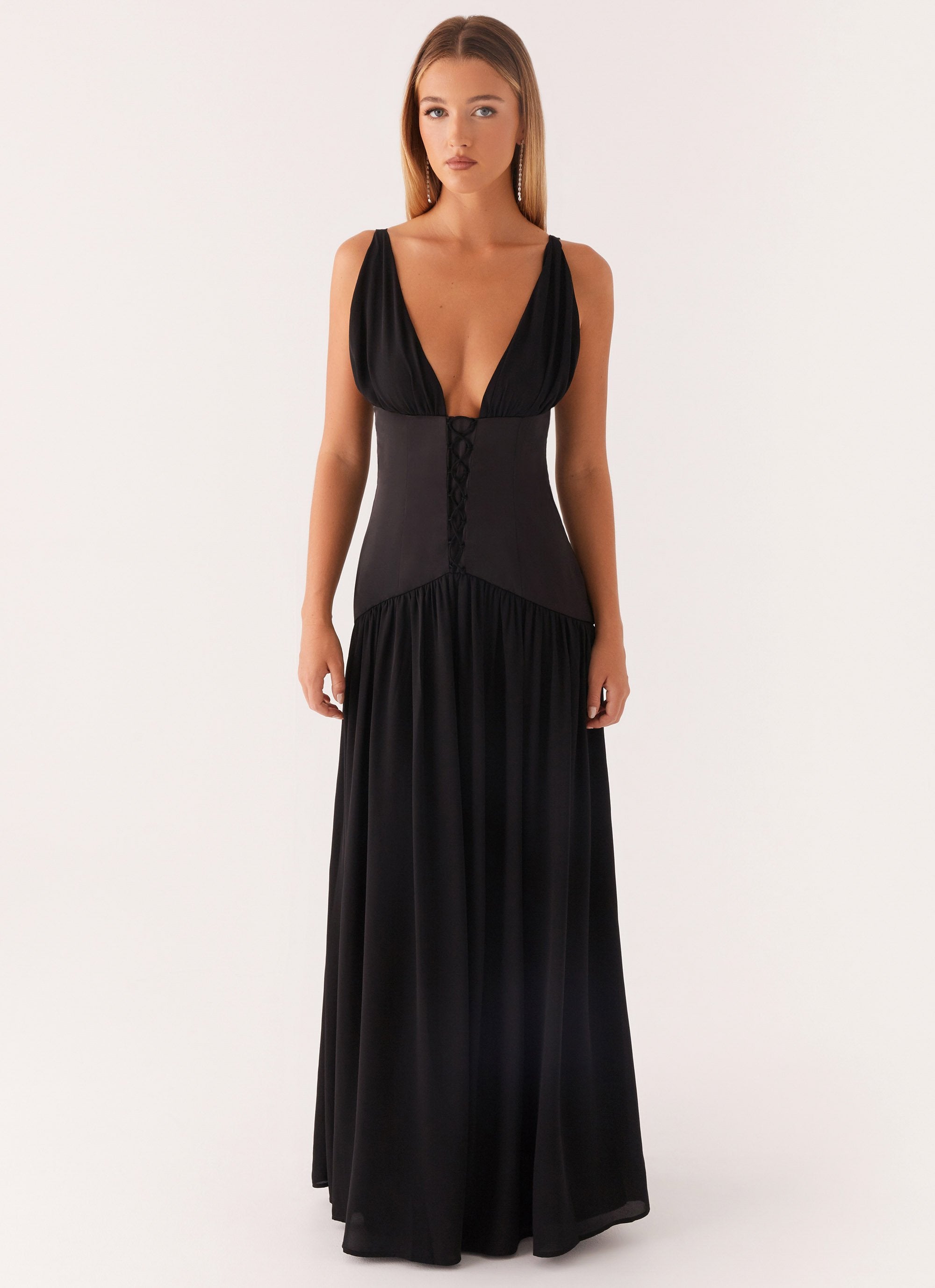 Dafina Satin Maxi Dress - Black-Sunny Prom. All rights reserved.