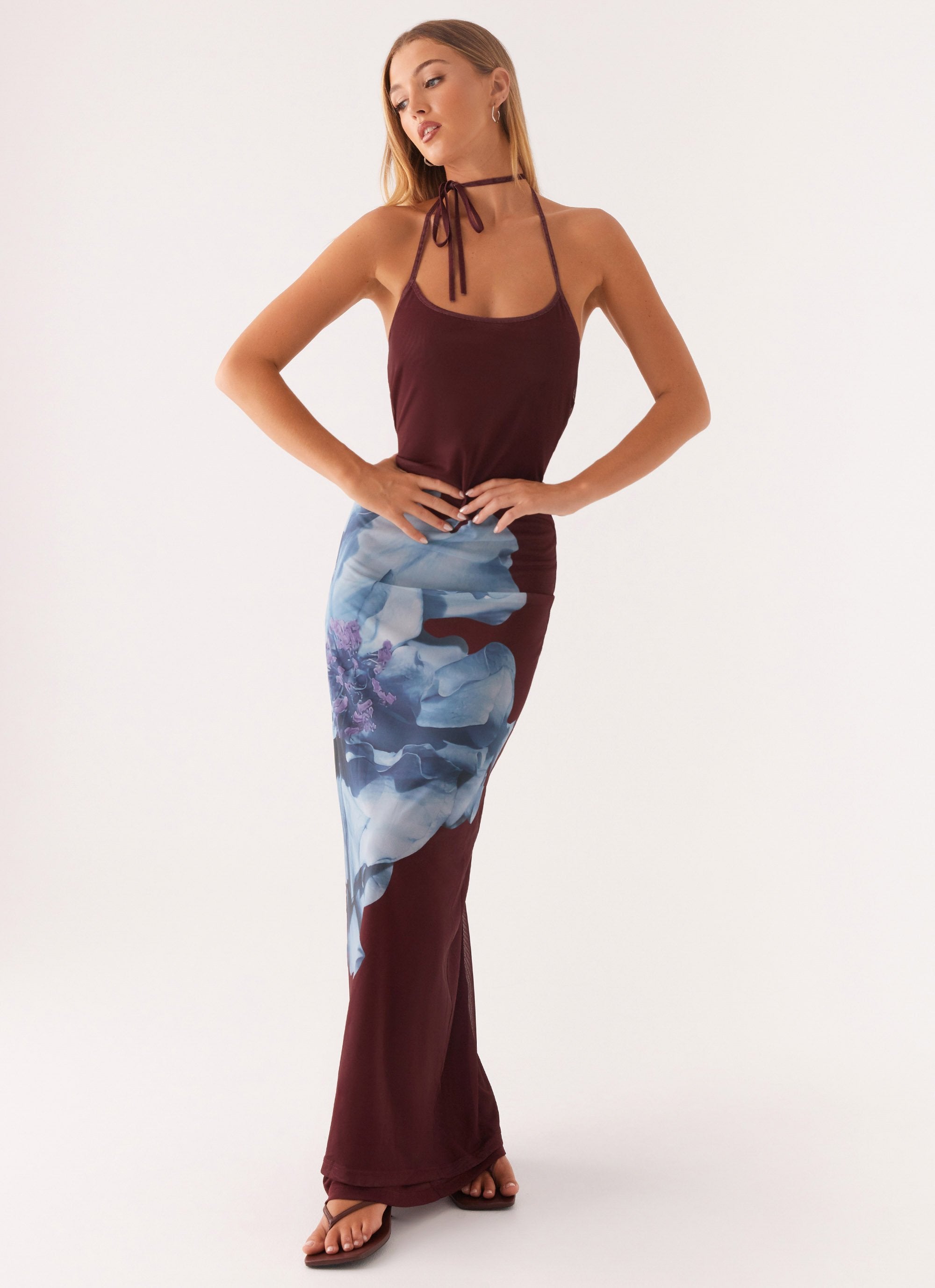 Dayana Halterneck Maxi Dress - Maroon Print-Sunny Prom. All rights reserved.