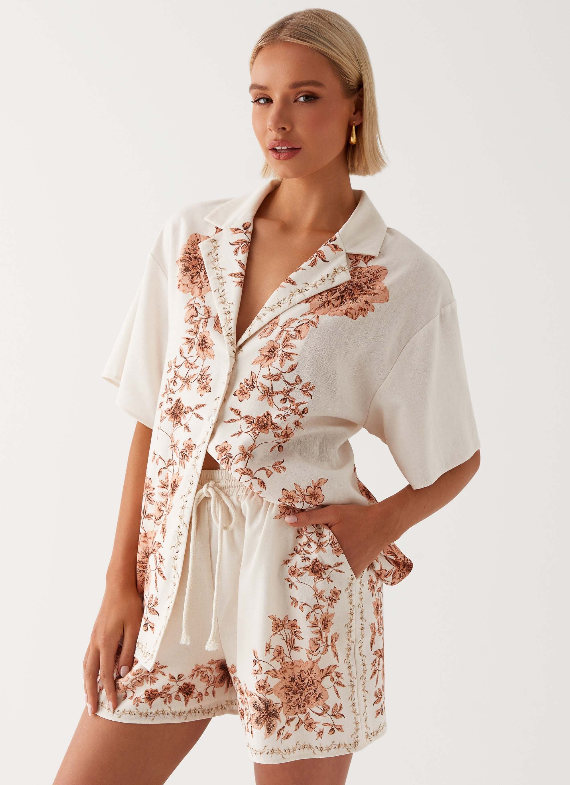 Dreamy Days Linen High Waisted Shorts - Ivory-Sunny Prom. All rights reserved.
