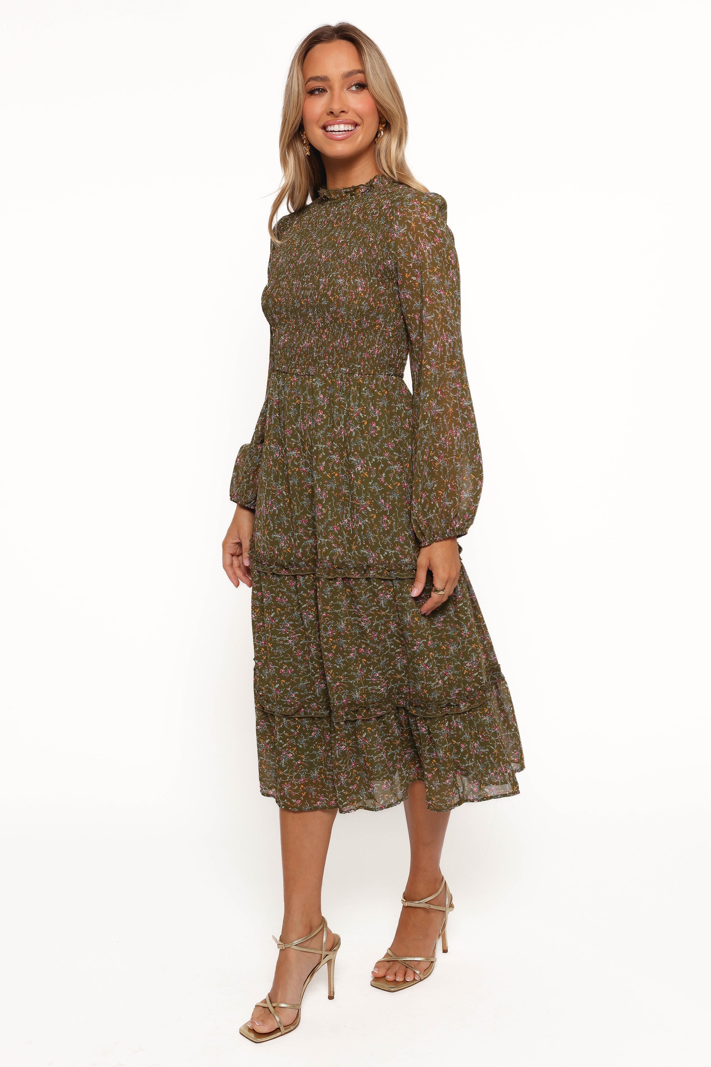 Edwina Shirred Frill Long Sleeve Midi Dress - Olive Floral-Sunny Prom