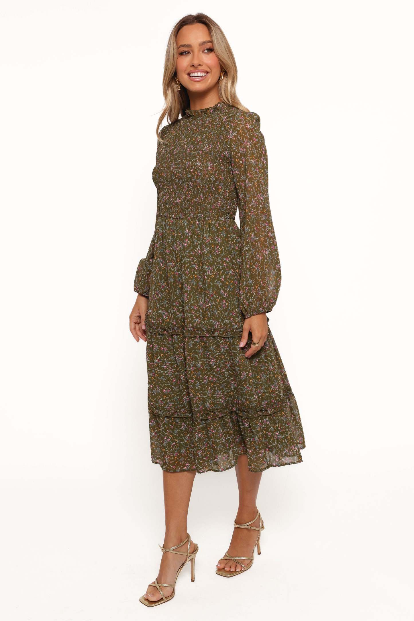 Edwina Shirred Frill Long Sleeve Midi Dress - Olive Floral-Sunny Prom