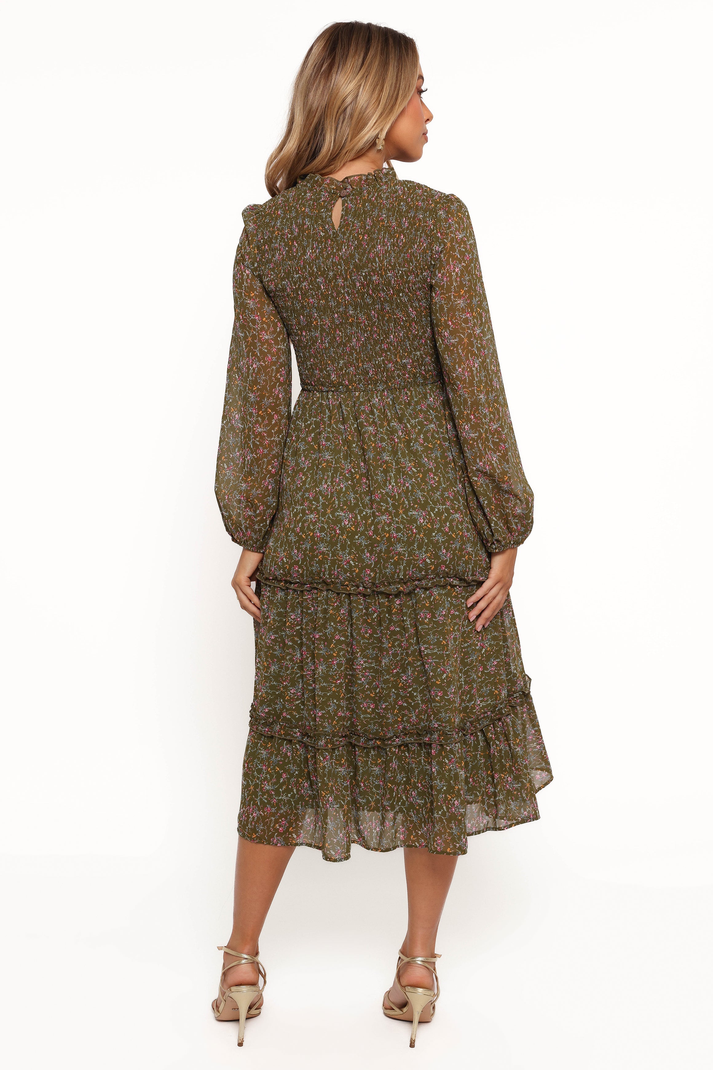 Edwina Shirred Frill Long Sleeve Midi Dress - Olive Floral-Sunny Prom