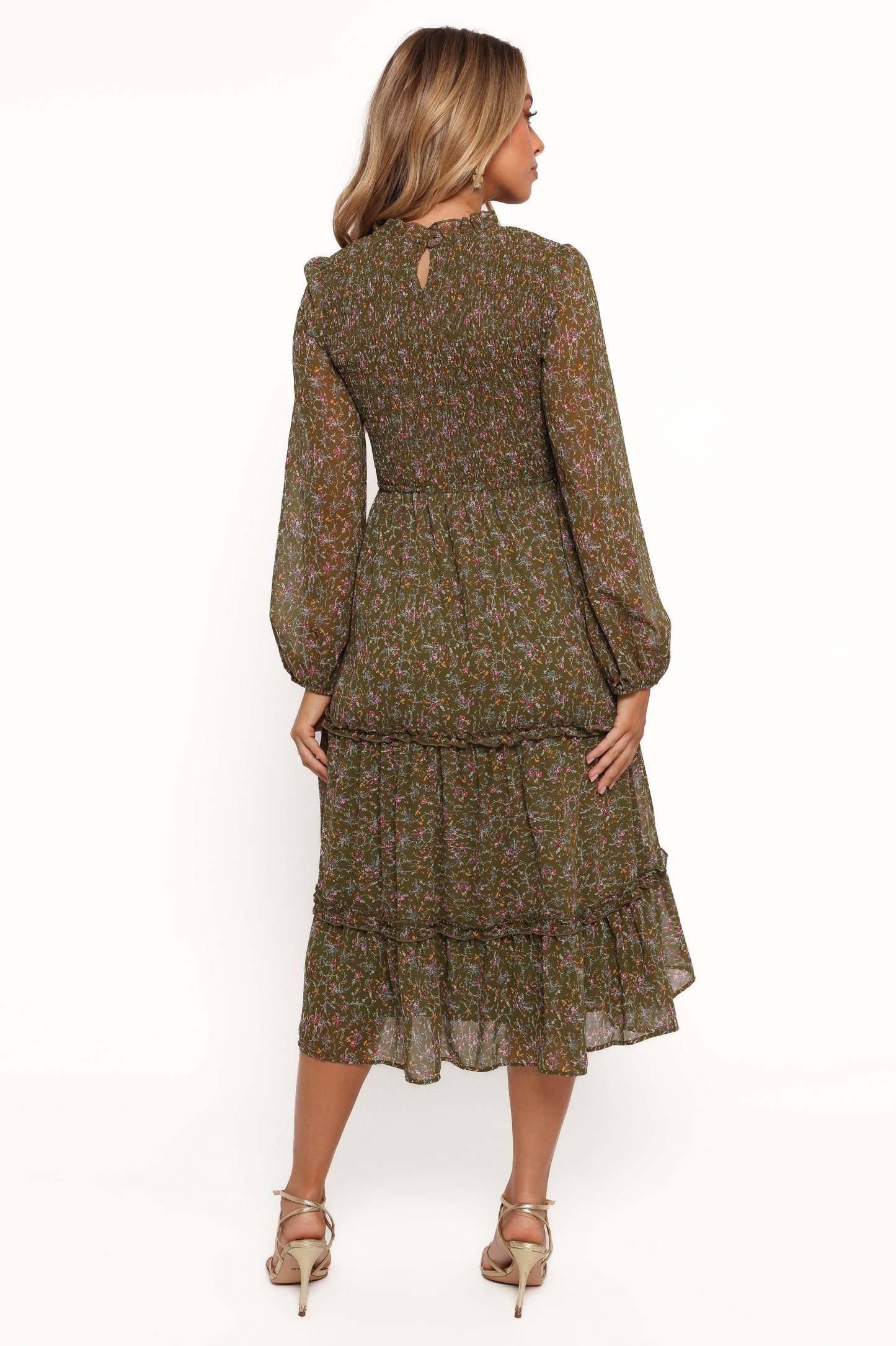 Edwina Shirred Frill Long Sleeve Midi Dress - Olive Floral-Sunny Prom