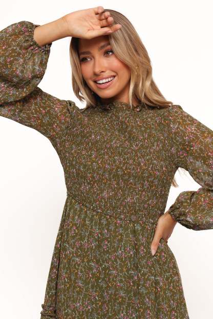 Edwina Shirred Frill Long Sleeve Midi Dress - Olive Floral-Sunny Prom