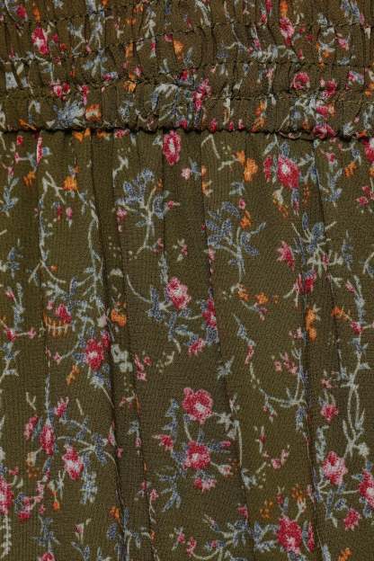 Edwina Shirred Frill Long Sleeve Midi Dress - Olive Floral-Sunny Prom