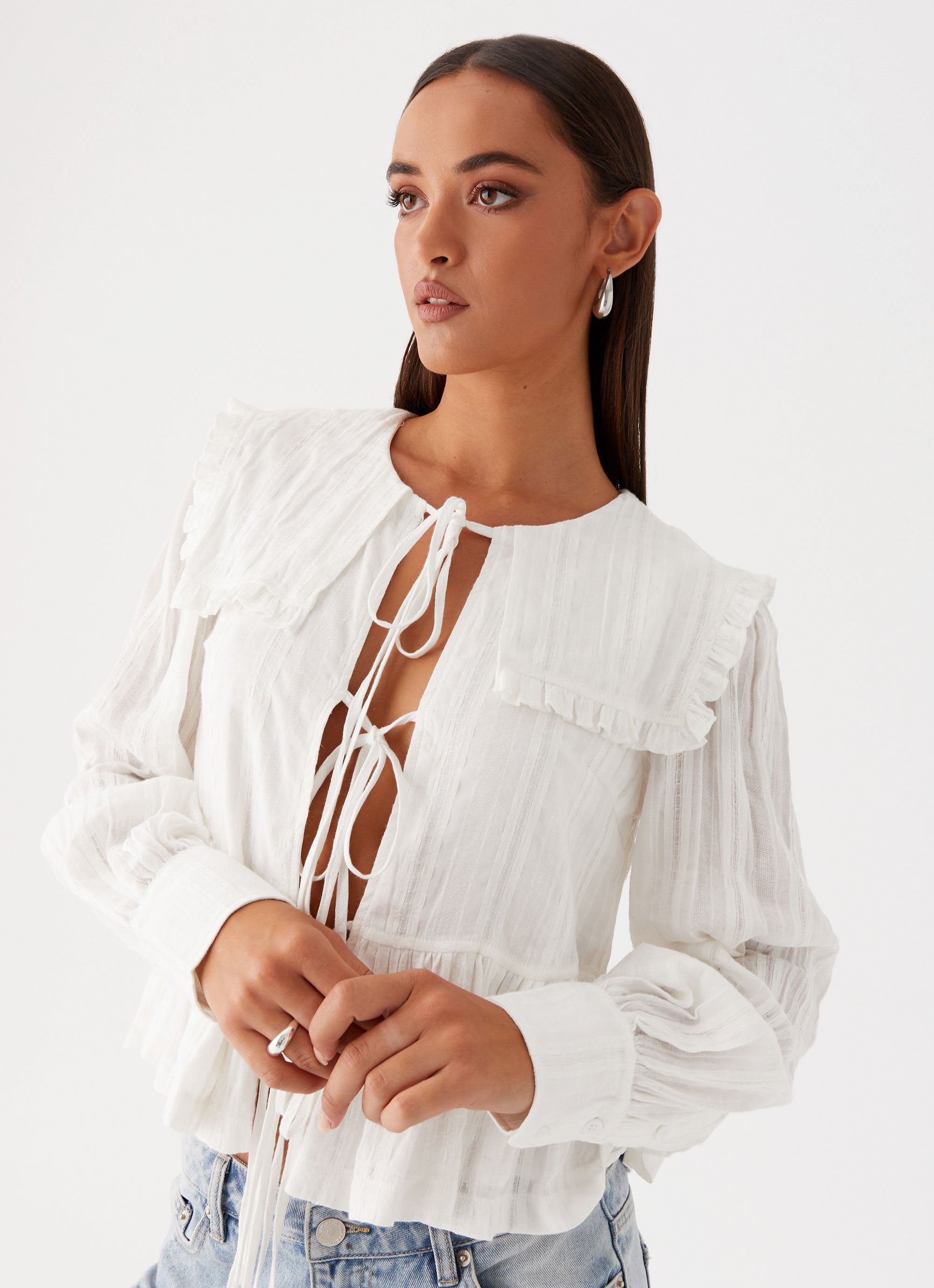 Emerson Tie Front Long Sleeve Top - White-Sunny Prom. All rights reserved.