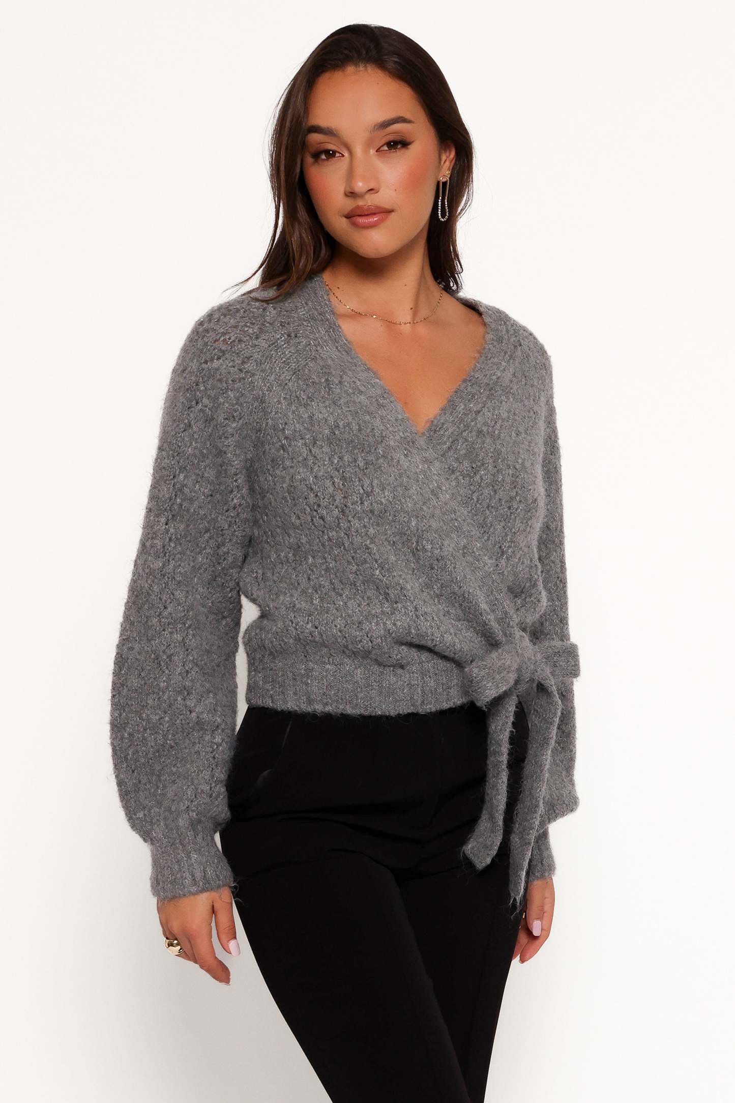 Etta Ballet Wrap Knit Sweater - Heather Grey-Sunny Prom